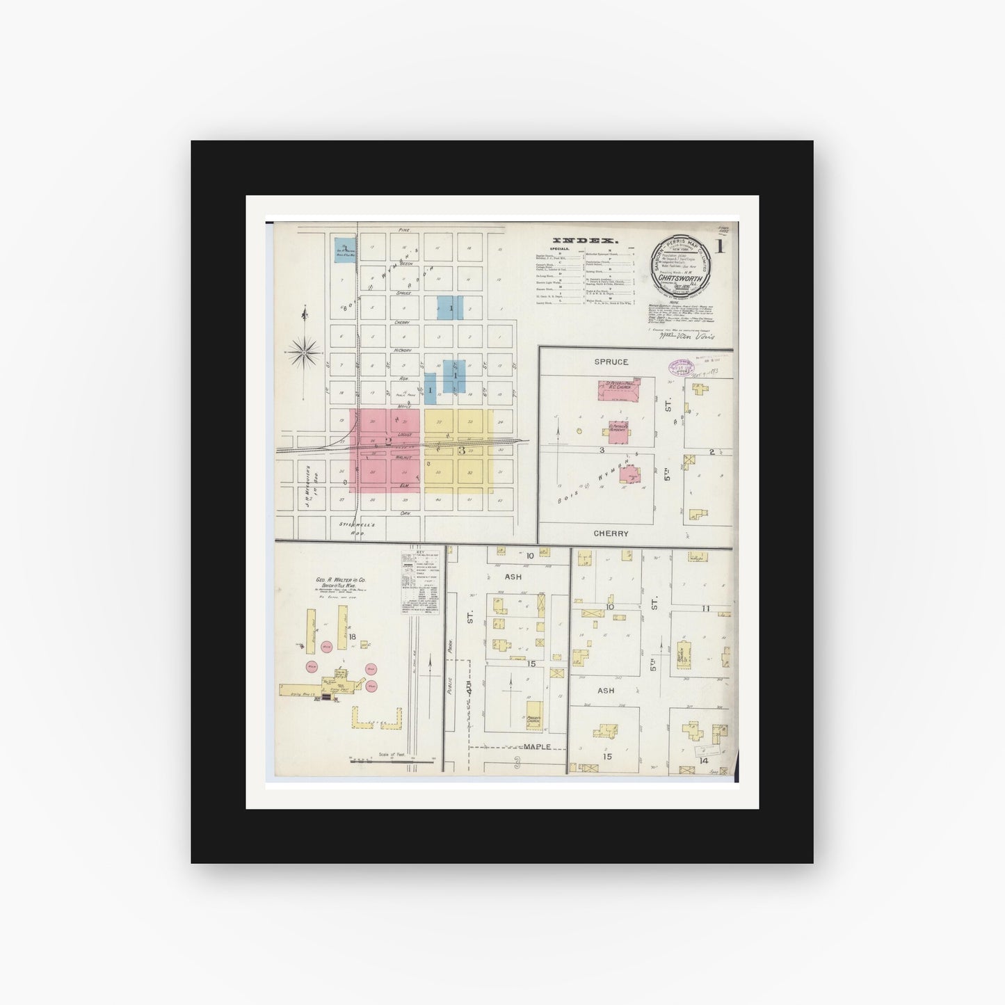 Old map wall art mockup — black gallery frame with white mat — Sanborn Fire Insurance Map from Chatsworth, Livingston County, Illinois (1893) - Complete Map Set