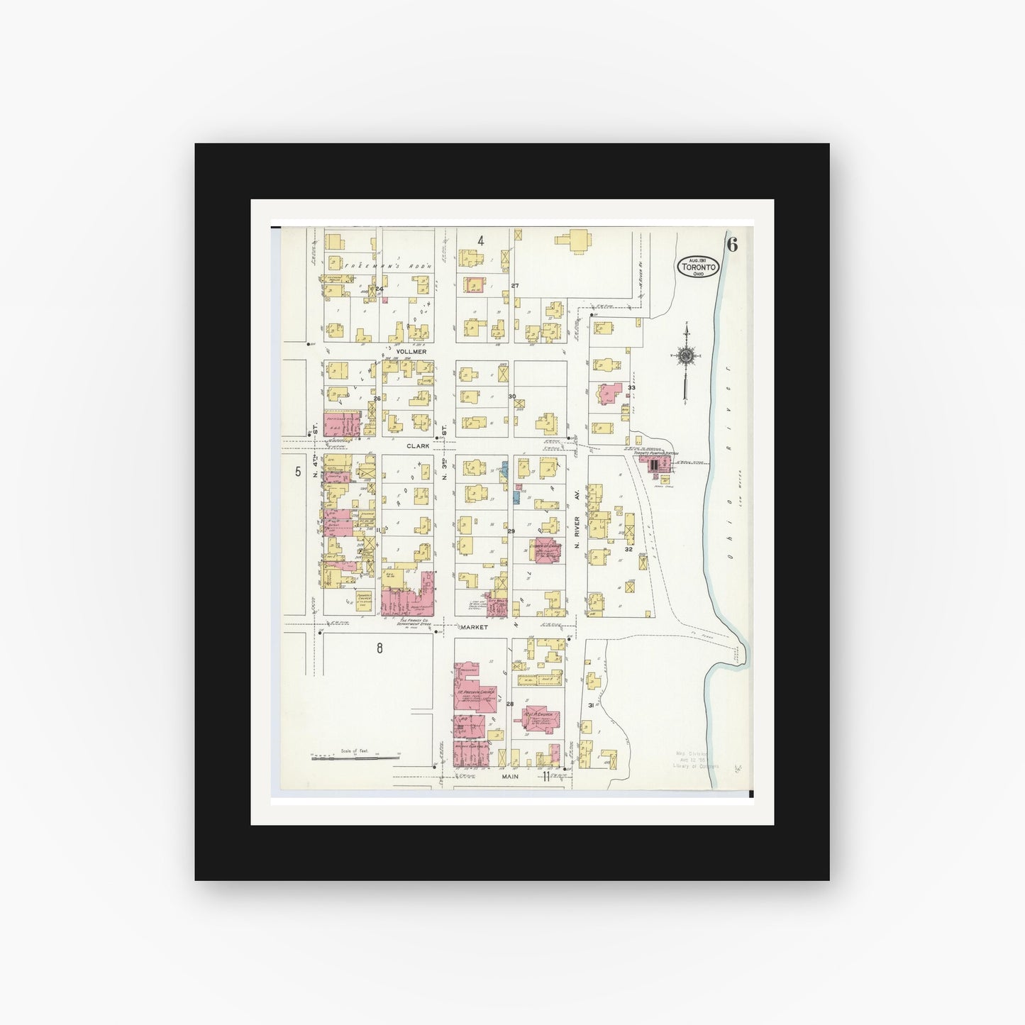 Old map wall art mockup — black gallery frame with white mat — Sanborn Fire Insurance Map from Toronto, Jefferson County, Ohio (1911), Sheet #0006