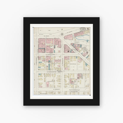 Old map wall art mockup — black gallery frame with white mat — Sanborn Fire Insurance Map from Jackson, Jackson County, Michigan (1886), Sheet #0006