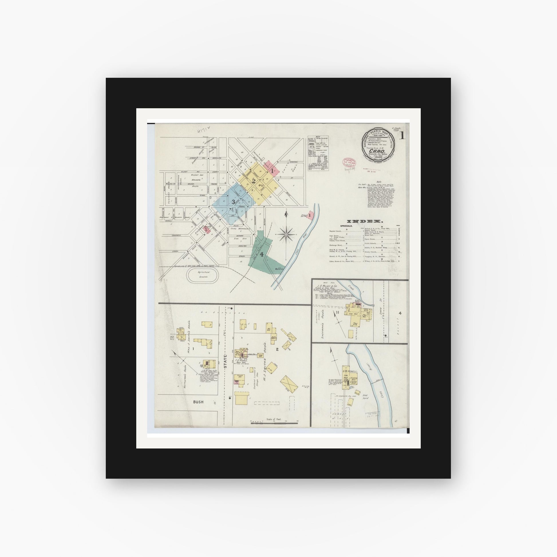 Old map wall art mockup — black gallery frame with white mat — Sanborn Fire Insurance Map from Caro, Tuscola County, Michigan (1895), Sheet #0001