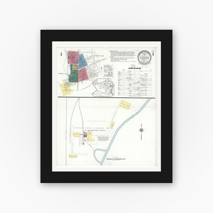 Old map wall art mockup — black gallery frame with white mat — Sanborn Fire Insurance Map from Conroe, Montgomery County, Texas (1923), Sheet #0001