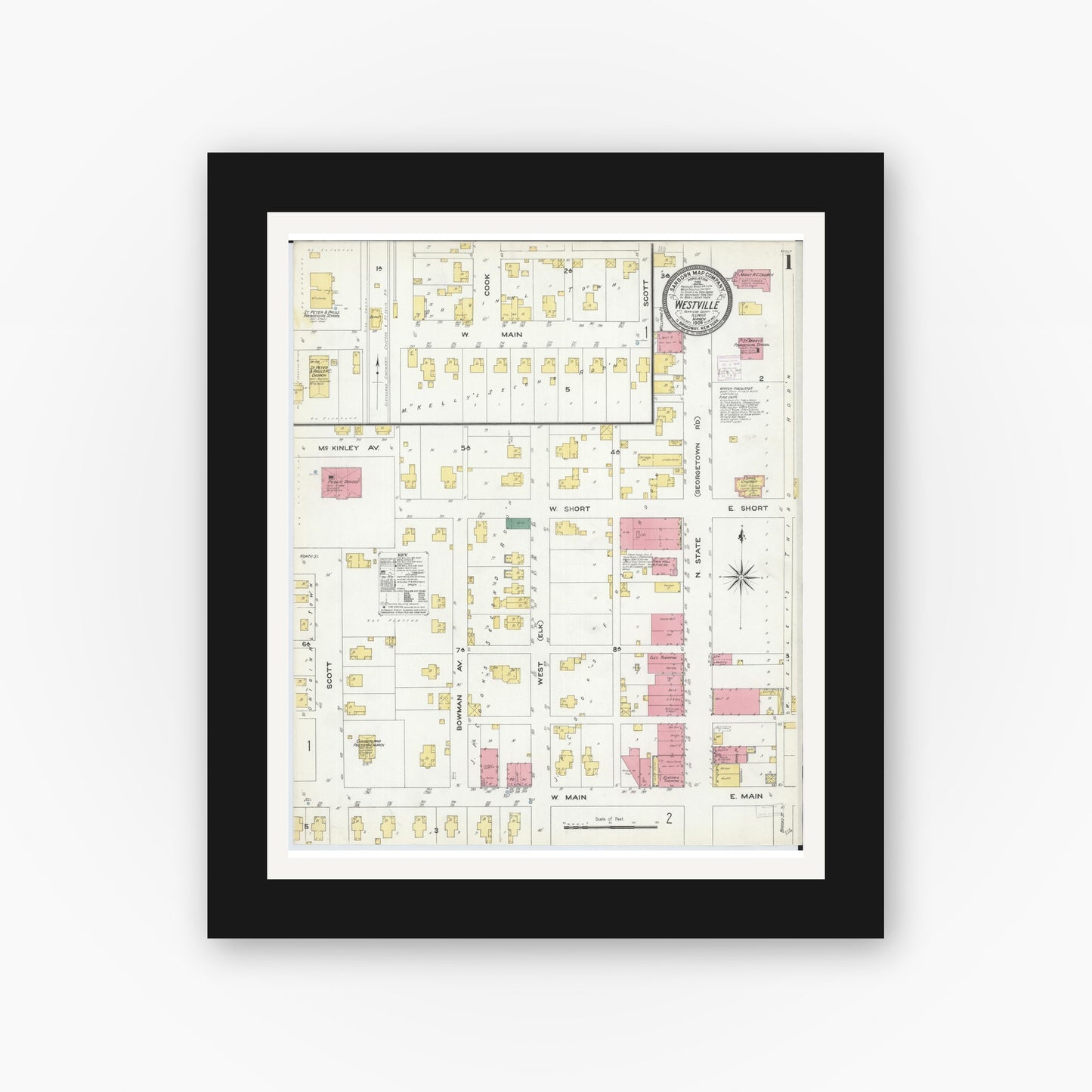 Old map wall art mockup — black gallery frame with white mat — Sanborn Fire Insurance Map from Westville, Vermilion County, Illinois (1909) - Complete Map Set