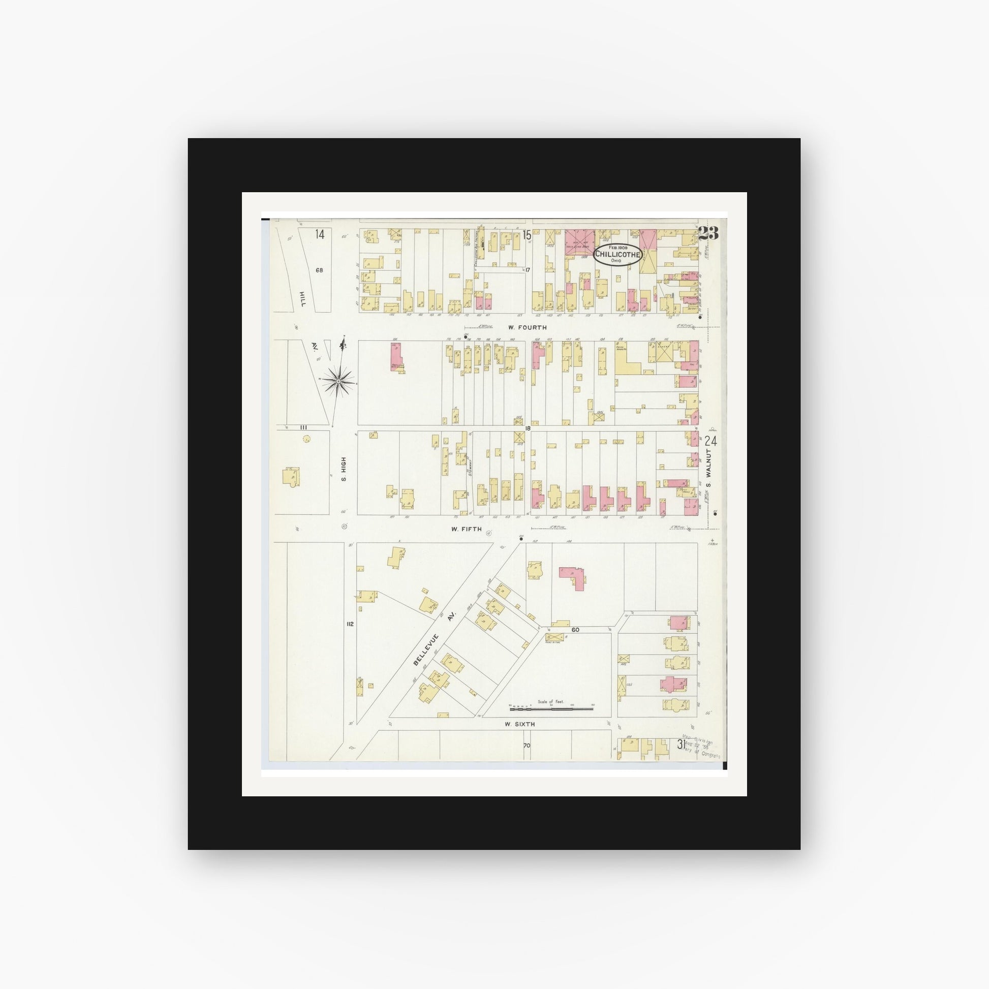 Old map wall art mockup — black gallery frame with white mat — Sanborn Fire Insurance Map from Chillicothe, Ross County, Ohio (1909), Sheet #0023
