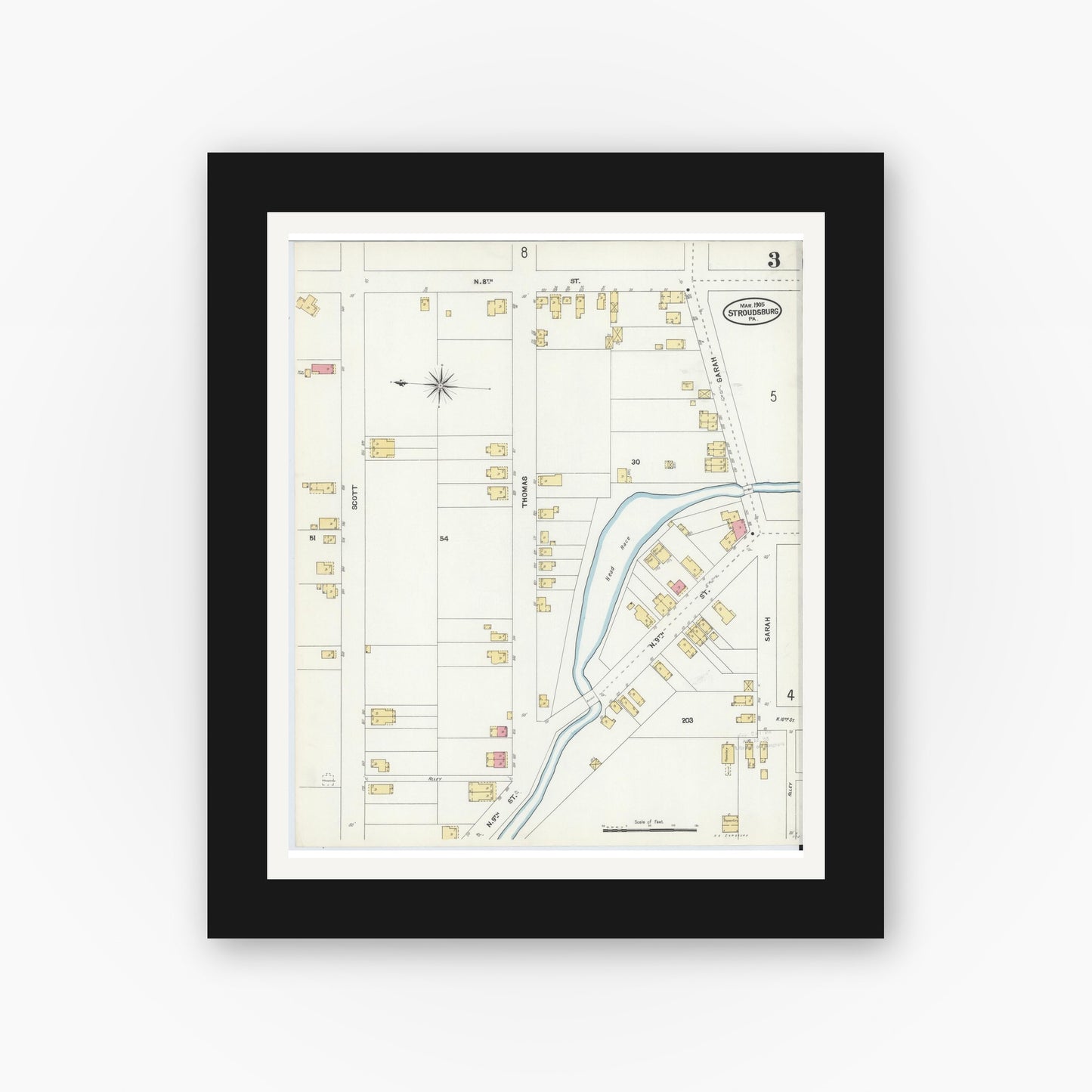 Old map wall art mockup — black gallery frame with white mat — Sanborn Fire Insurance Map from Stroudsburg, Monroe County, Pennsylvania (1905), Sheet #0003