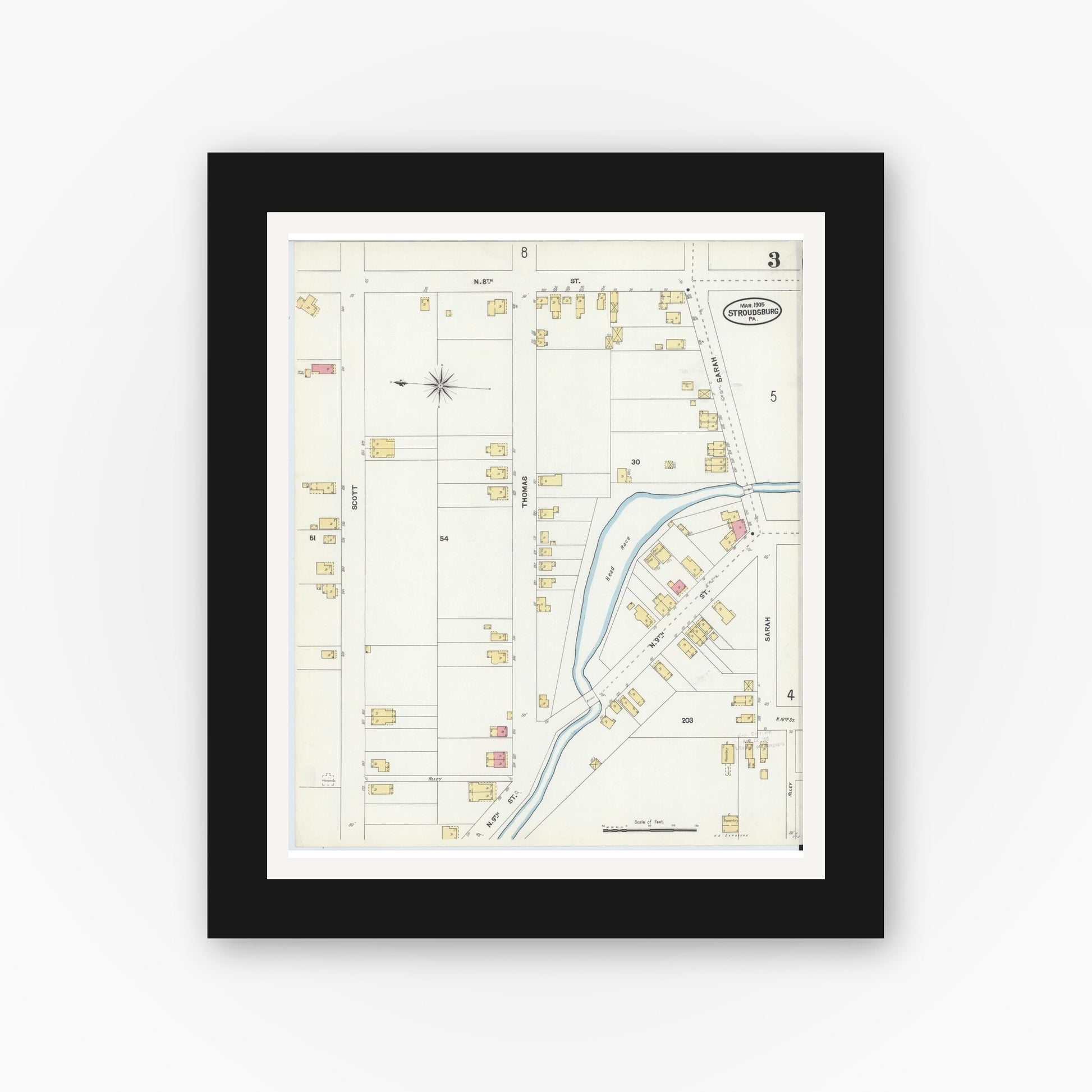 Old map wall art mockup — black gallery frame with white mat — Sanborn Fire Insurance Map from Stroudsburg, Monroe County, Pennsylvania (1905), Sheet #0003