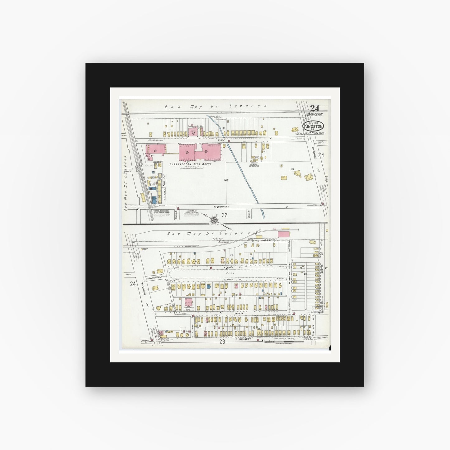 Old map wall art mockup — black gallery frame with white mat — Sanborn Fire Insurance Map from Kingston, Luzerne County, Pennsylvania (1919), Sheet #0024