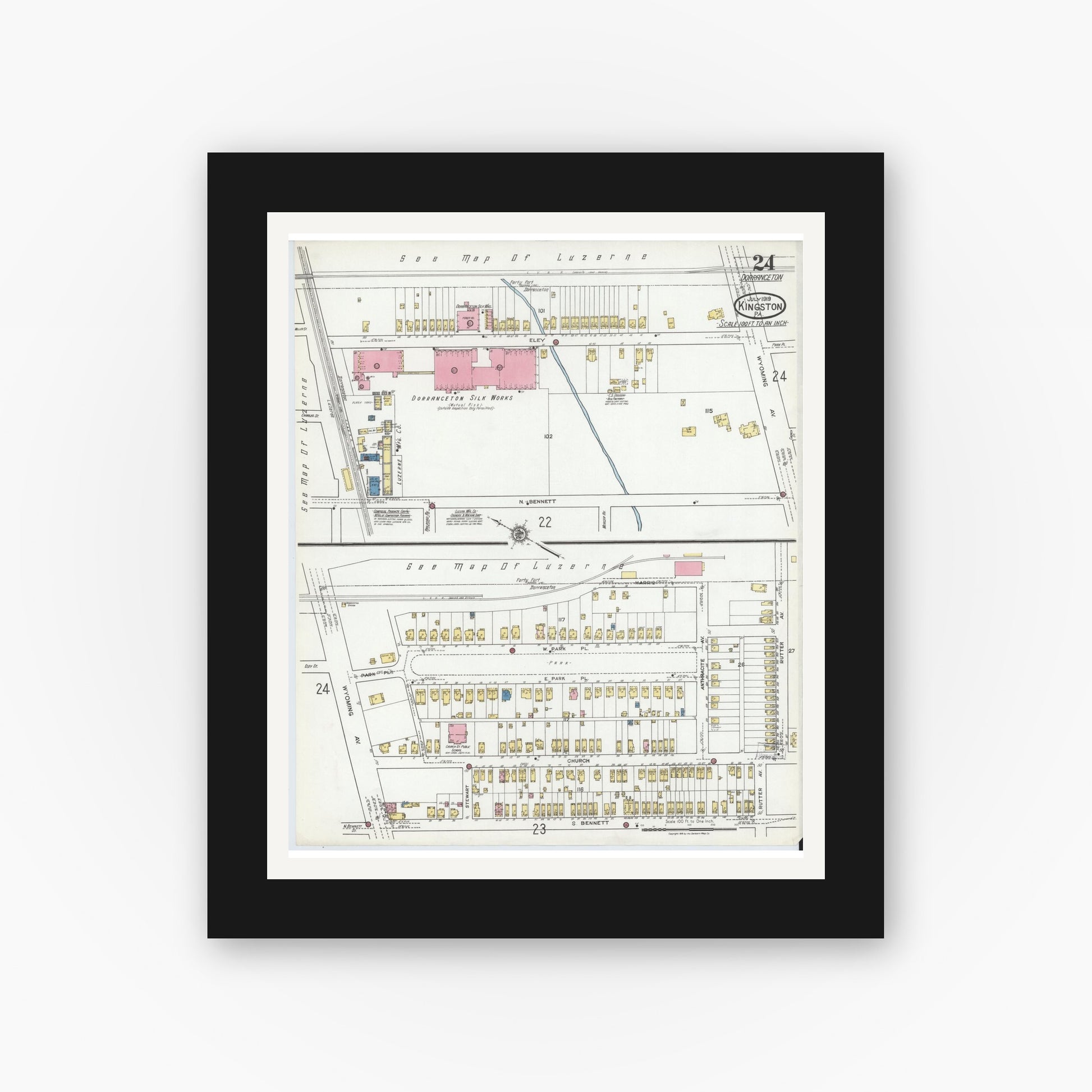 Old map wall art mockup — black gallery frame with white mat — Sanborn Fire Insurance Map from Kingston, Luzerne County, Pennsylvania (1919), Sheet #0024