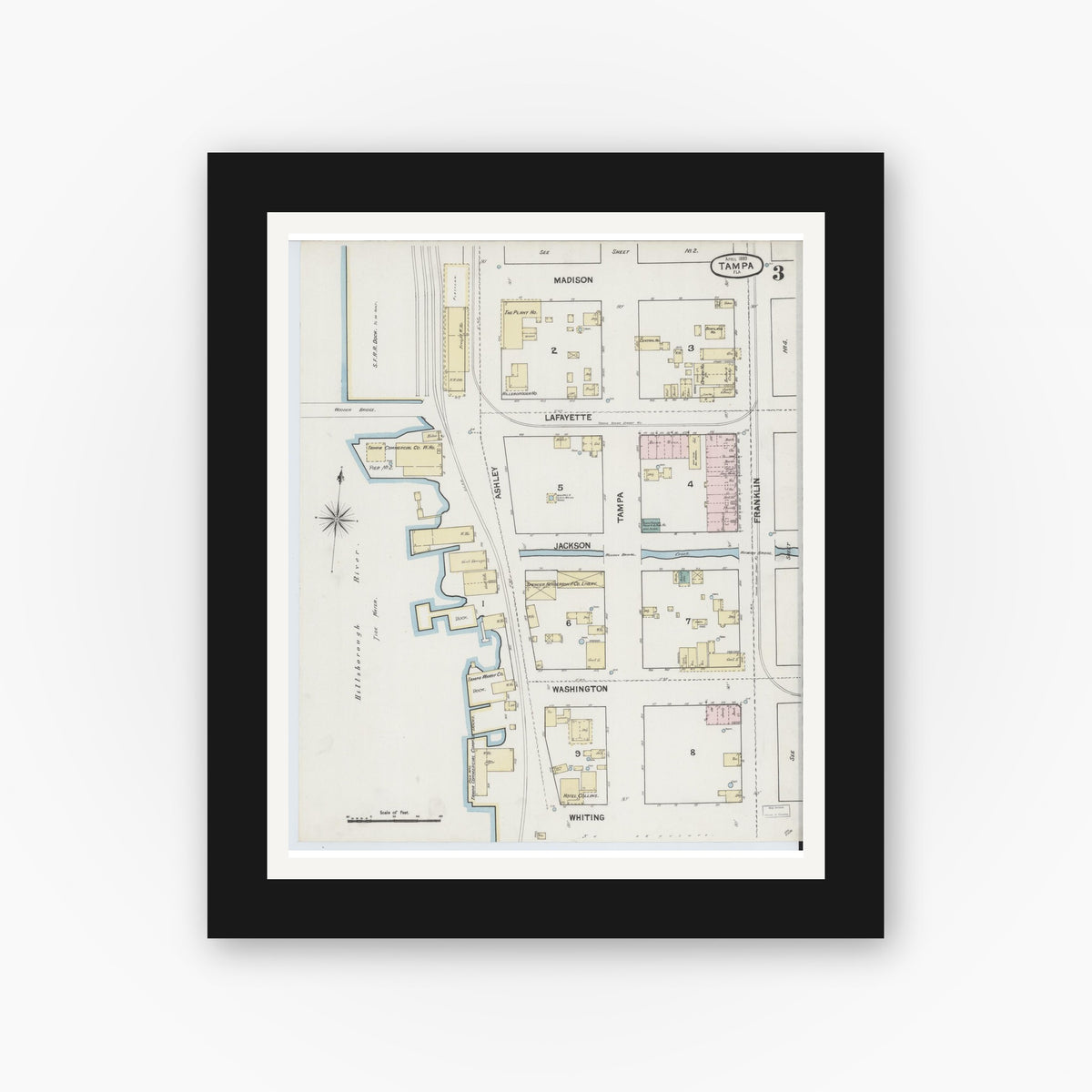 Old map wall art mockup — black gallery frame with white mat — Sanborn Fire Insurance Map from Tampa, Hillsborough County, Florida (1889), Sheet #0003