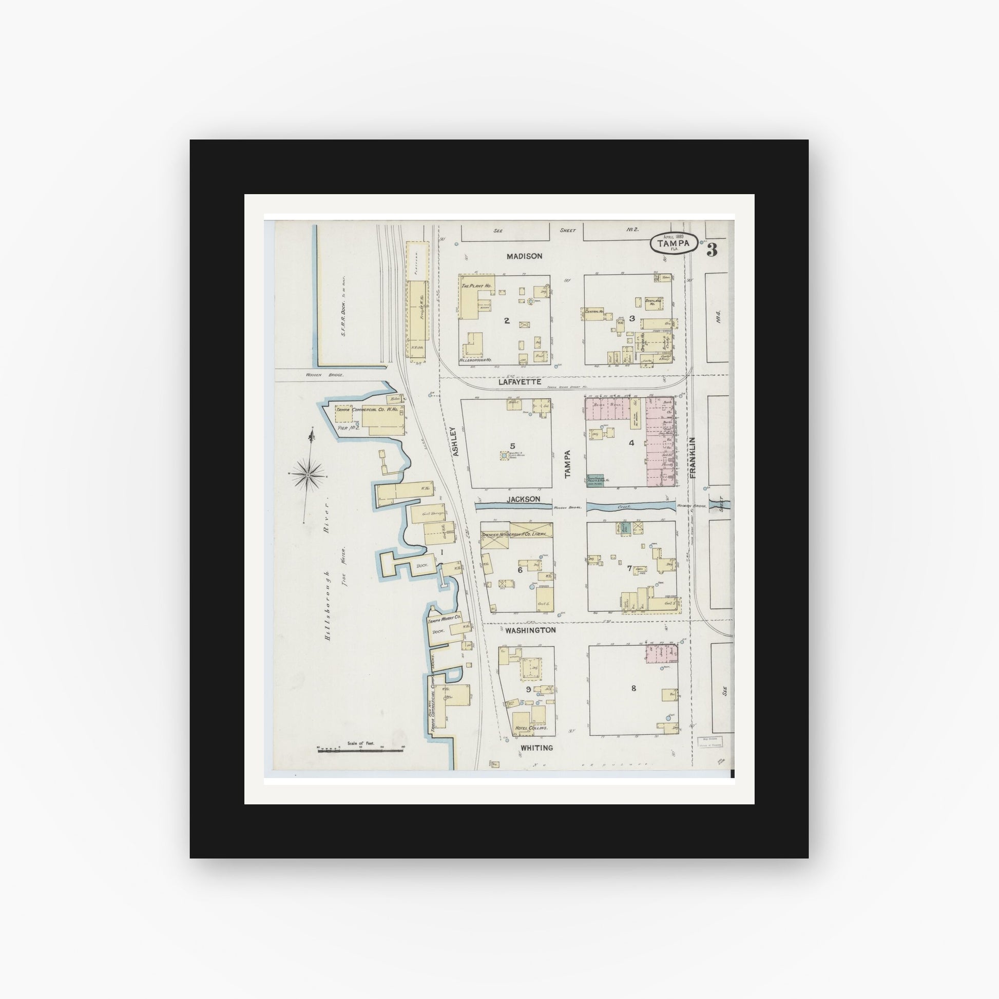 Old map wall art mockup — black gallery frame with white mat — Sanborn Fire Insurance Map from Tampa, Hillsborough County, Florida (1889), Sheet #0003