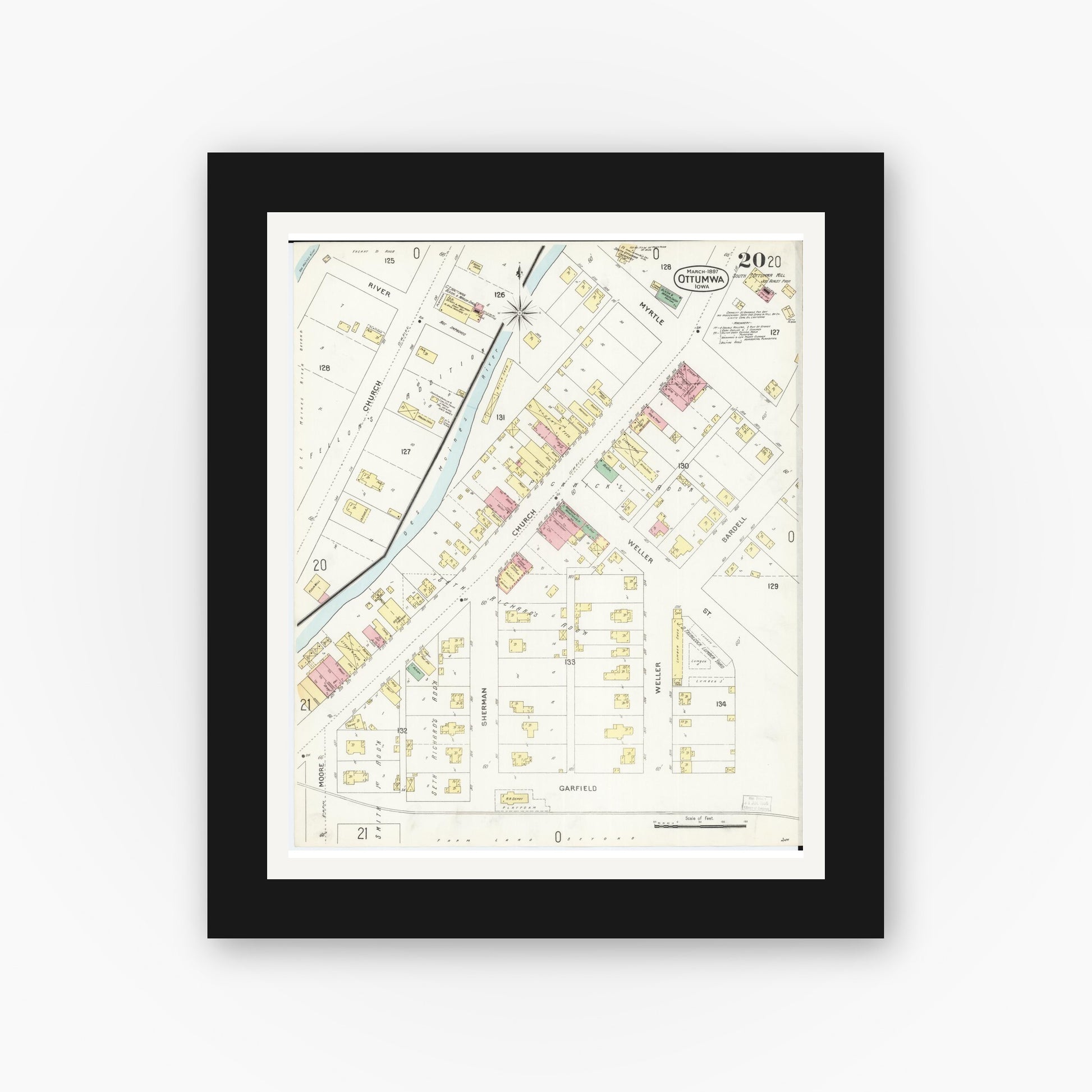 Old map wall art mockup — black gallery frame with white mat — Sanborn Fire Insurance Map from Ottumwa, Wapello County, Iowa (1897), Sheet #0020
