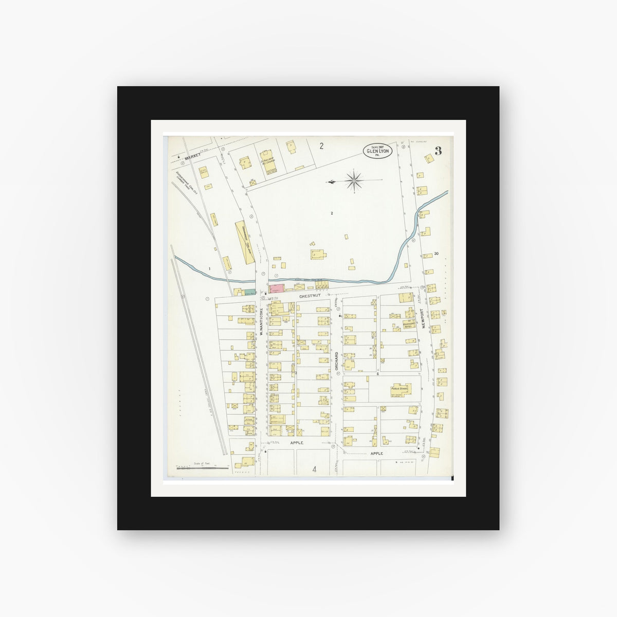 Old map wall art mockup — black gallery frame with white mat — Sanborn Fire Insurance Map from Glen Lyon, Luzerne County, Pennsylvania (1907), Sheet #0003