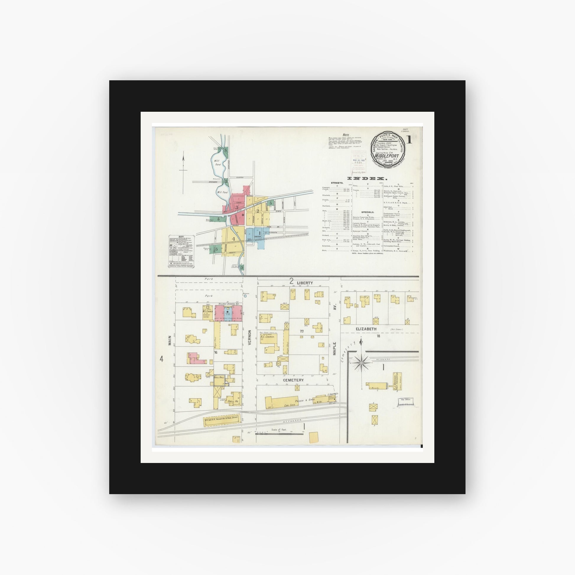 Old map wall art mockup — black gallery frame with white mat — Sanborn Fire Insurance Map from Middleport, Niagara County, New York (1900), Sheet #0001