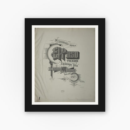 Old map wall art mockup — black gallery frame with white mat — Sanborn Fire Insurance Map from El Paso, El Paso County, Texas (1927), Sheet #0001
