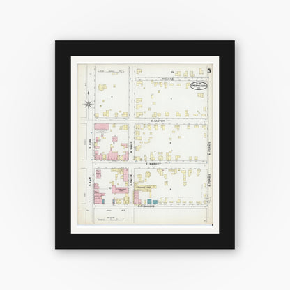 Old map wall art mockup — black gallery frame with white mat — Sanborn Fire Insurance Map from Greensboro, Guilford County, North Carolina (1891), Sheet #0005