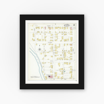 Old map wall art mockup — black gallery frame with white mat — Sanborn Fire Insurance Map from Waynesburg, Greene County, Pennsylvania (1908), Sheet #0008