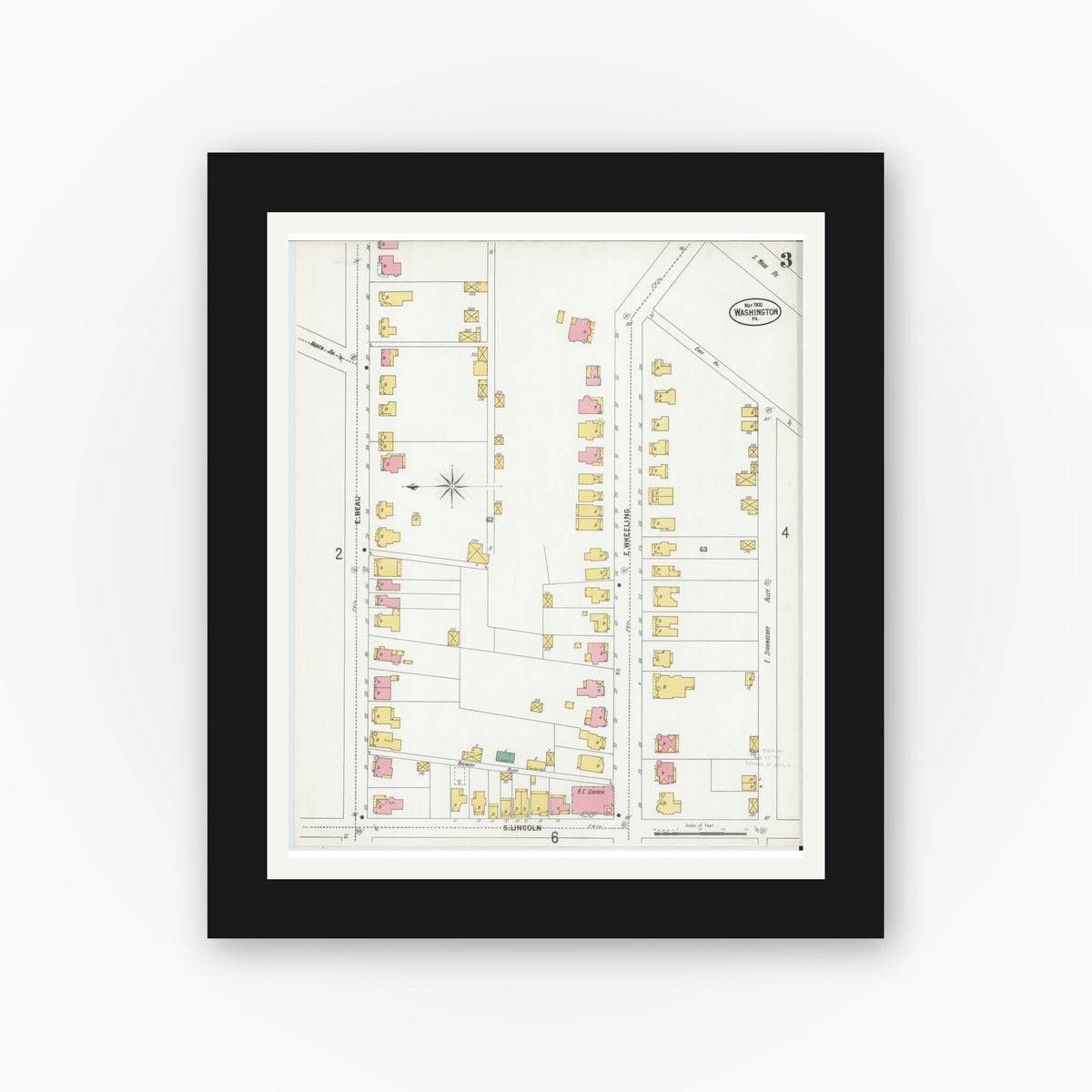 Old map wall art mockup — black gallery frame with white mat — Sanborn Fire Insurance Map from Washington, Washington County, Pennsylvania (1900), Sheet #0003