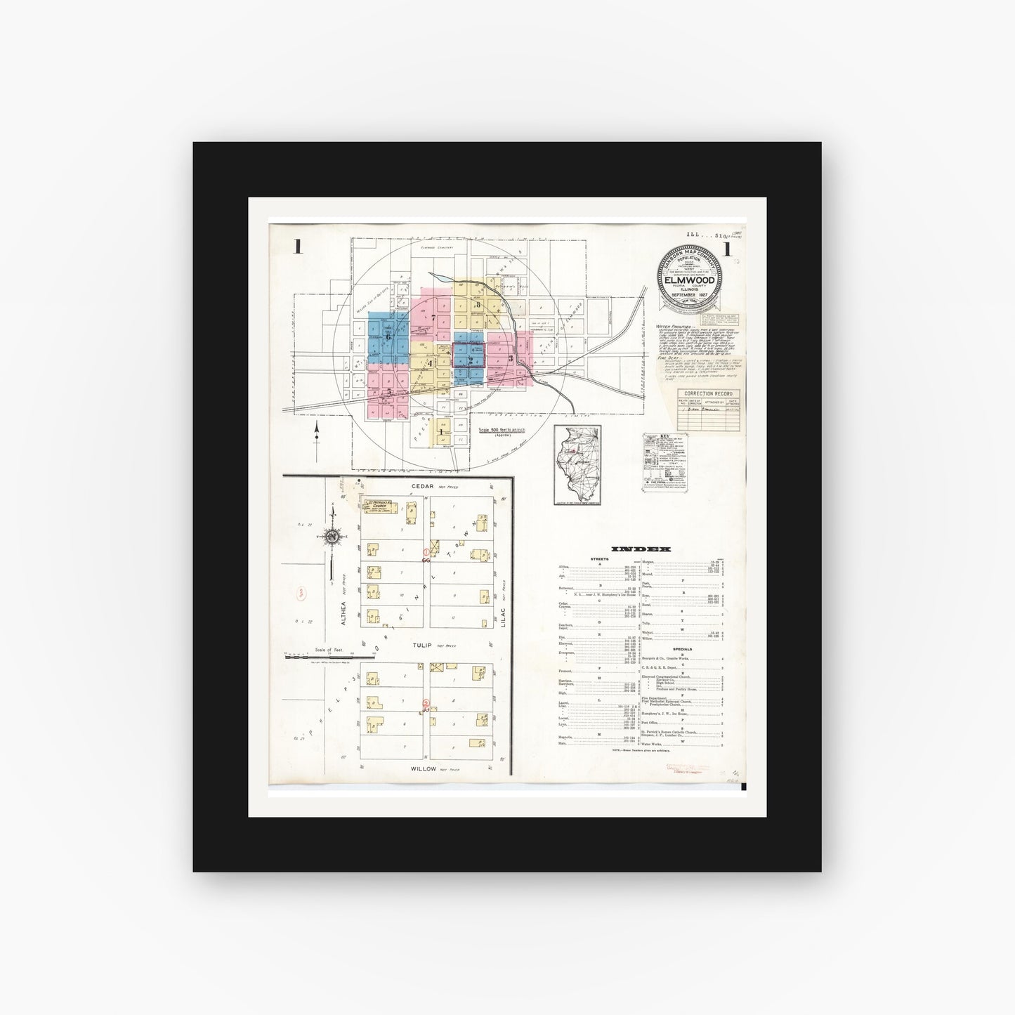 Old map wall art mockup — black gallery frame with white mat — Sanborn Fire Insurance Map from Elmwood, Peoria County, Illinois (1944) - Complete Map Set