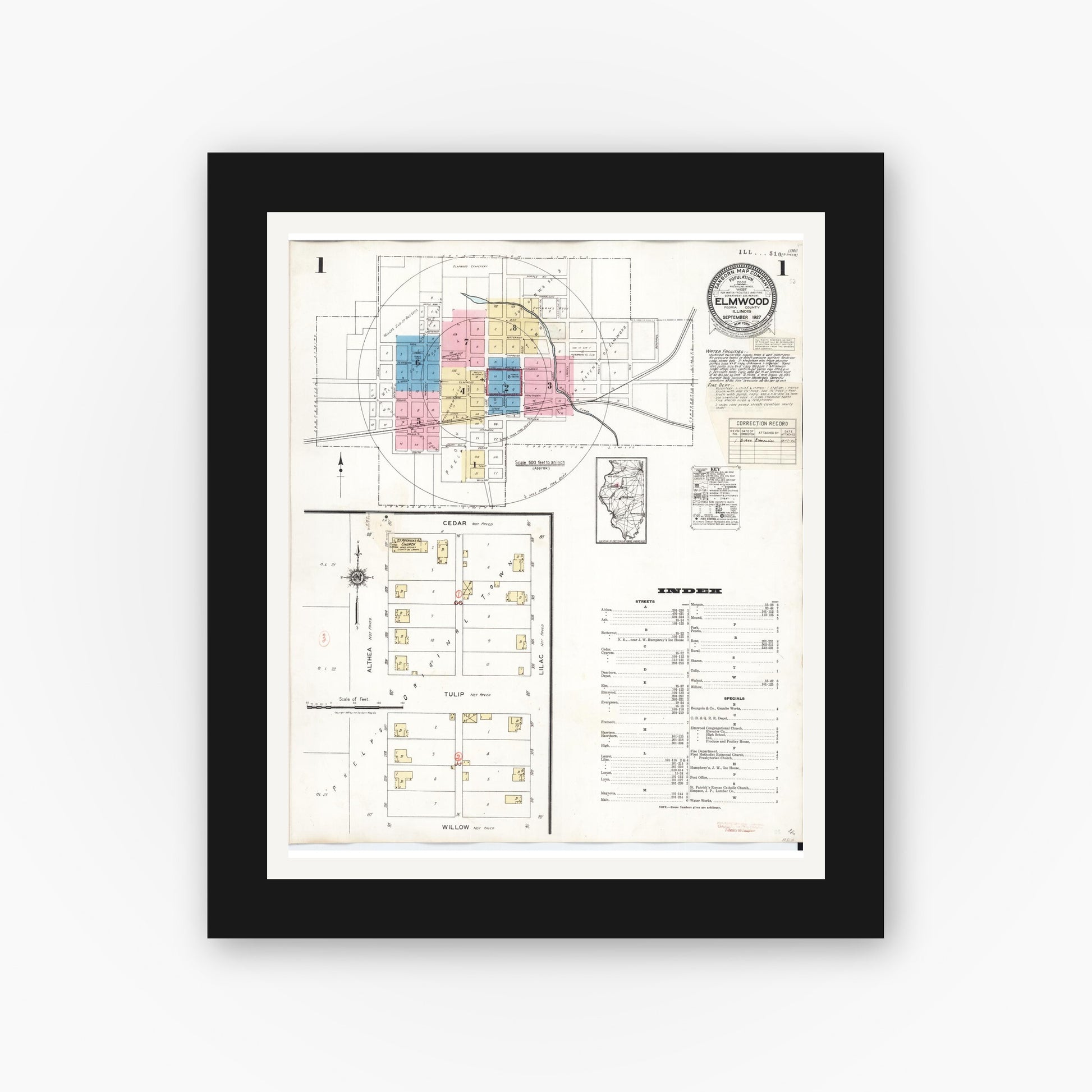 Old map wall art mockup — black gallery frame with white mat — Sanborn Fire Insurance Map from Elmwood, Peoria County, Illinois (1944) - Complete Map Set