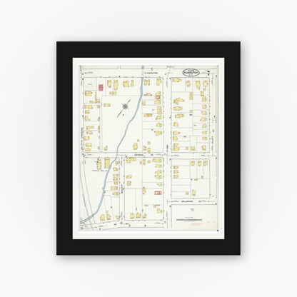 Old map wall art mockup — black gallery frame with white mat — Sanborn Fire Insurance Map from Painted Post, Steuben County, New York (1921), Sheet #0007
