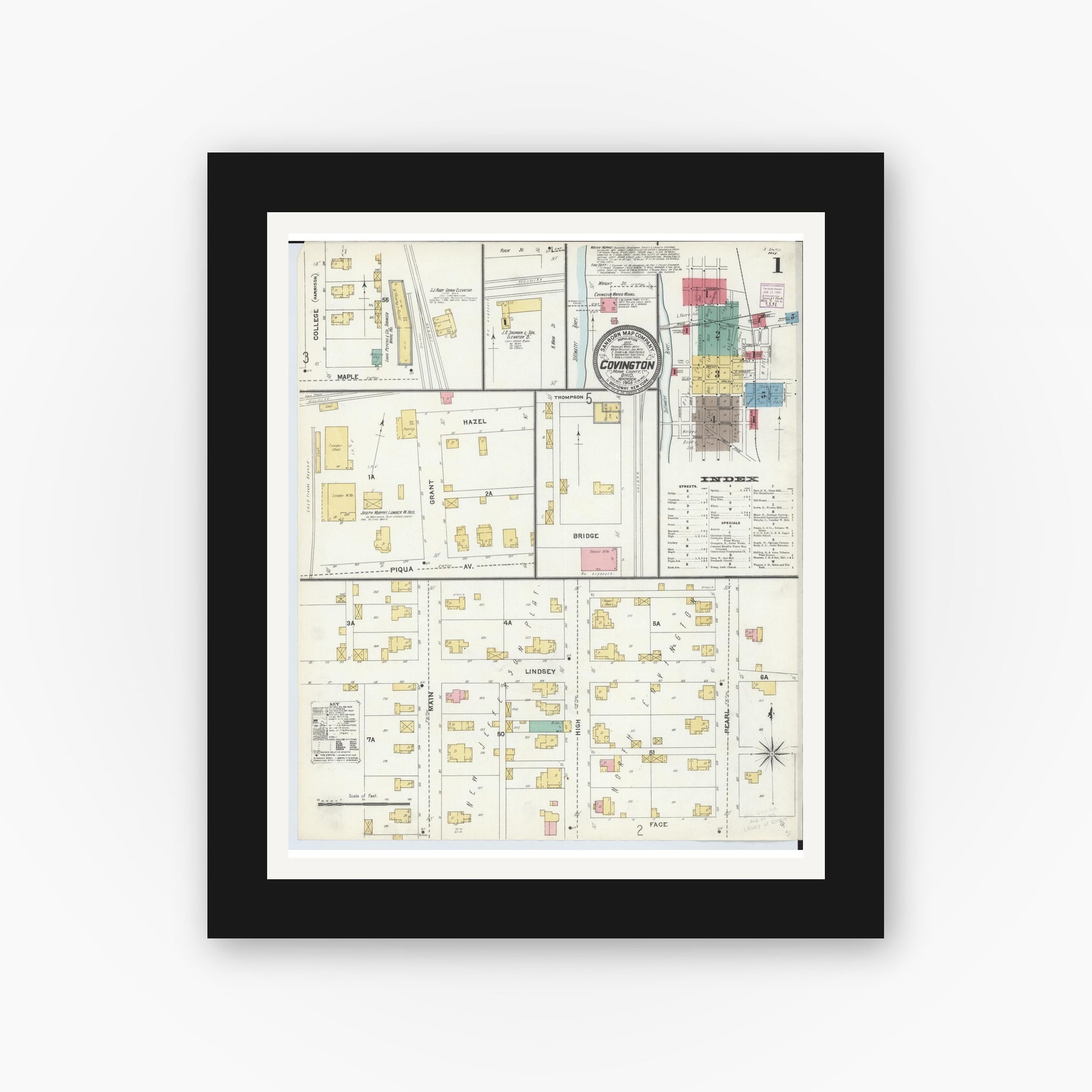 Old map wall art mockup — black gallery frame with white mat — Sanborn Fire Insurance Map from Covington, Miami County, Ohio (1905) - Complete Map Set