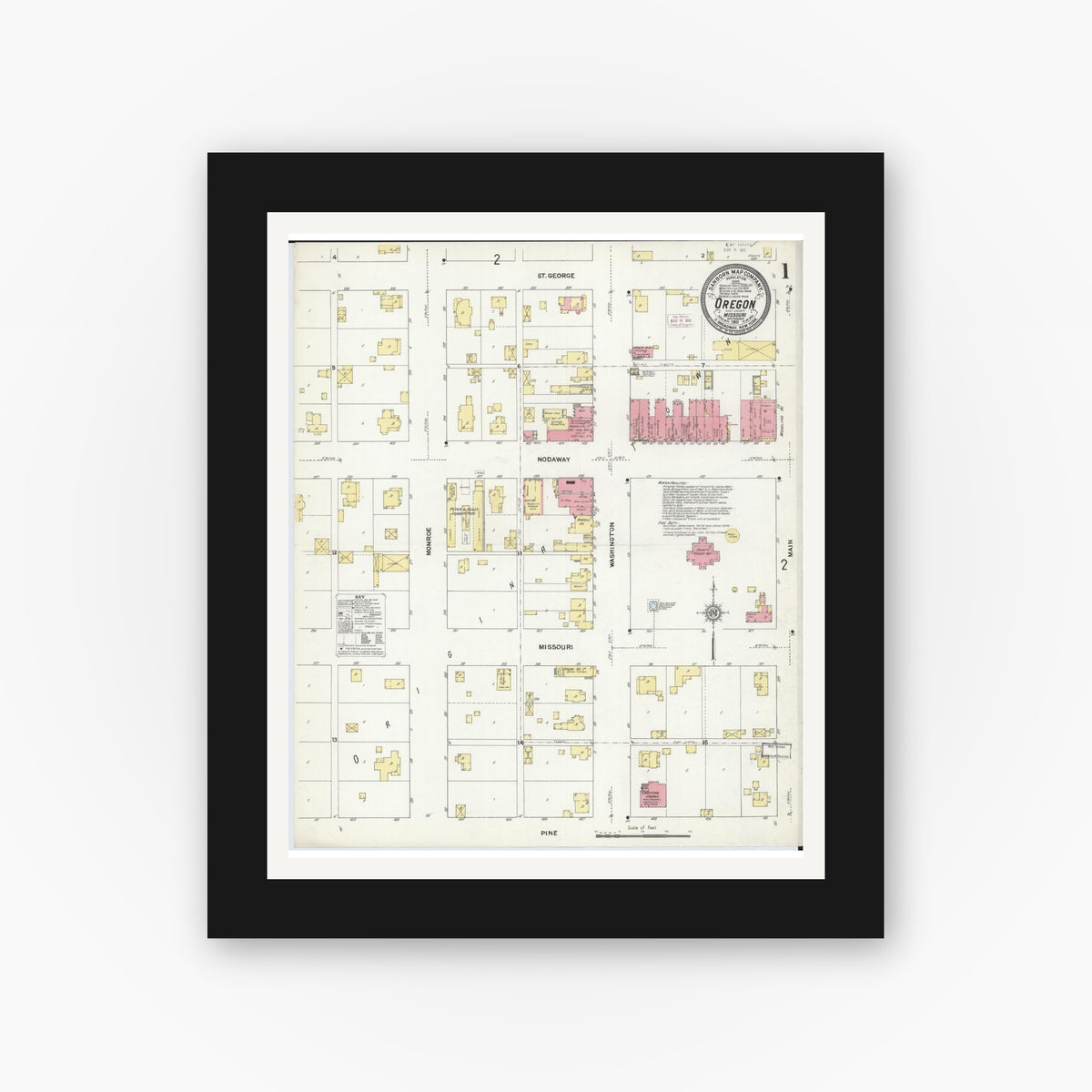 Old map wall art mockup — black gallery frame with white mat — Sanborn Fire Insurance Map from Oregon, Holt County, Missouri (1911) - Complete Map Set