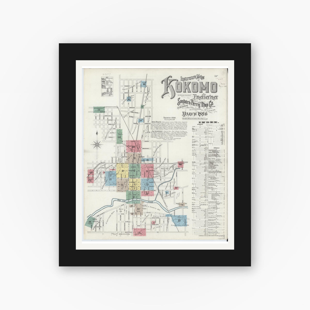 Old map wall art mockup — black gallery frame with white mat — Sanborn Fire Insurance Map from Kokomo, Howard County, Indiana (1896), Sheet #0001