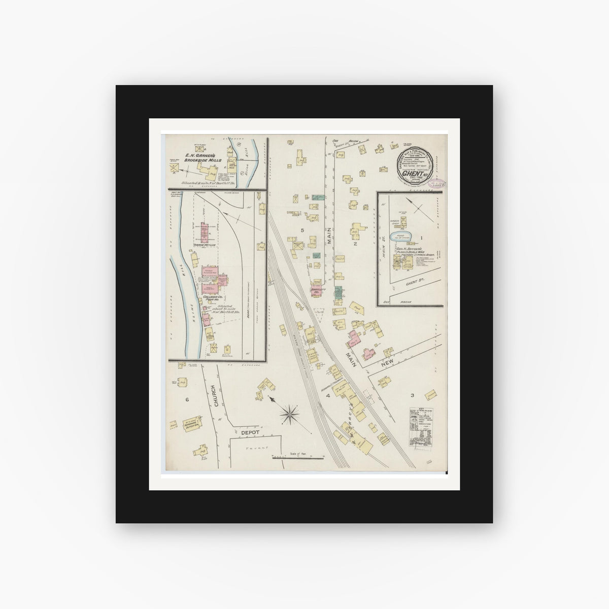 Old map wall art mockup — black gallery frame with white mat — Sanborn Fire Insurance Map from Ghent, Columbia County, New York (1886), Sheet #0001