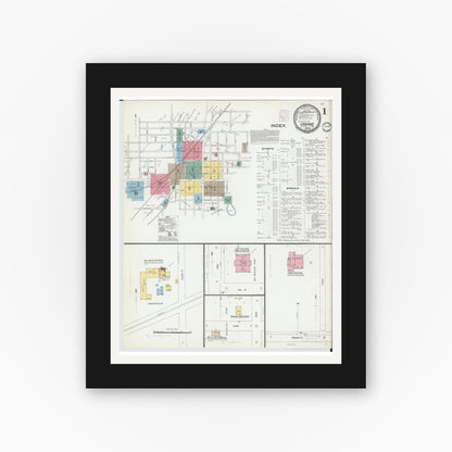 Old map wall art mockup — black gallery frame with white mat — Sanborn Fire Insurance Map from Urbana, Champaign County, Ohio (1901), Sheet #0001