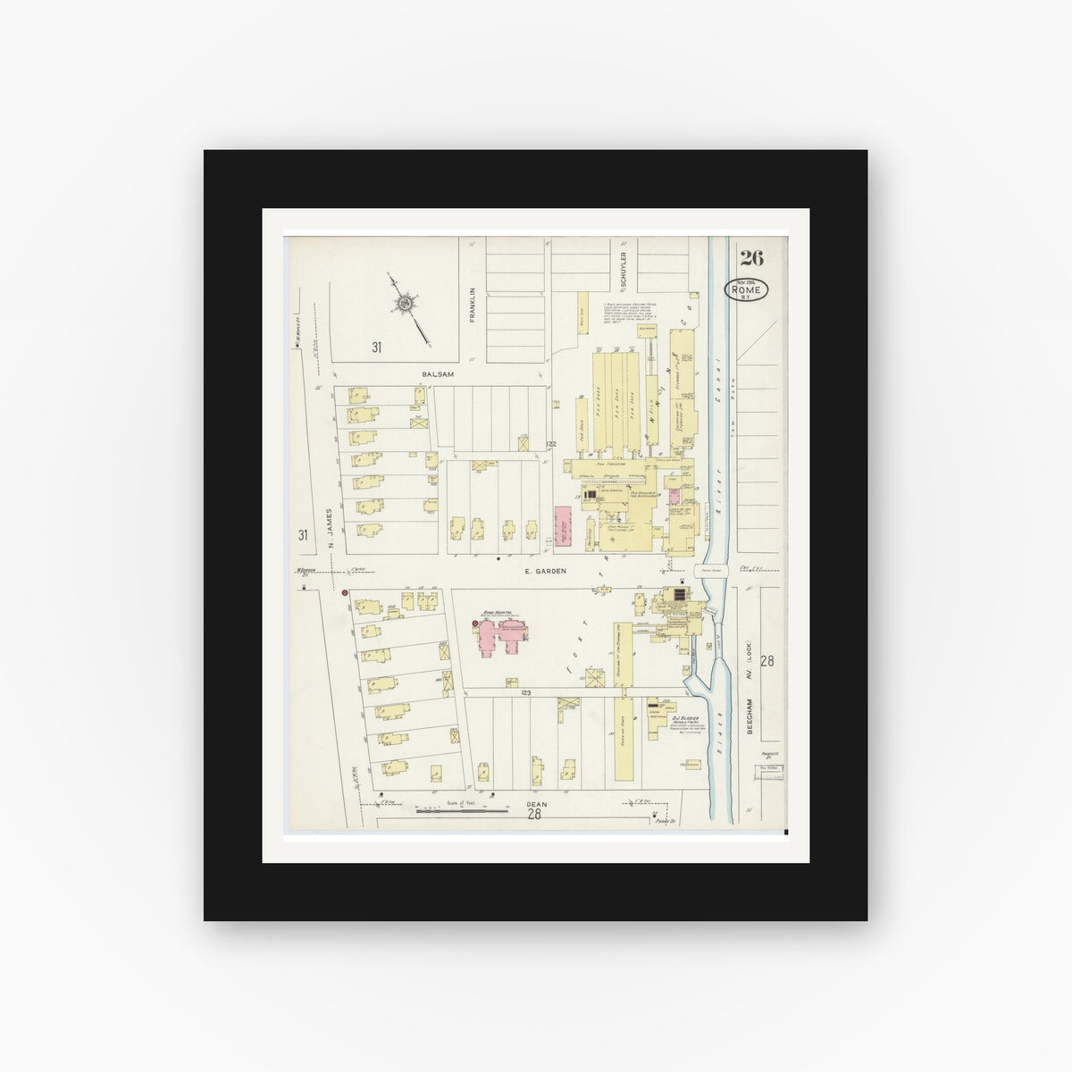 Old map wall art mockup — black gallery frame with white mat — Sanborn Fire Insurance Map from Rome, Oneida County, New York (1914), Sheet #0026