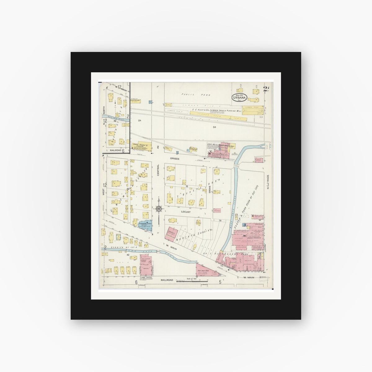 Old map wall art mockup — black gallery frame with white mat — Sanborn Fire Insurance Map from Urbana, Champaign County, Illinois (1915), Sheet #0002