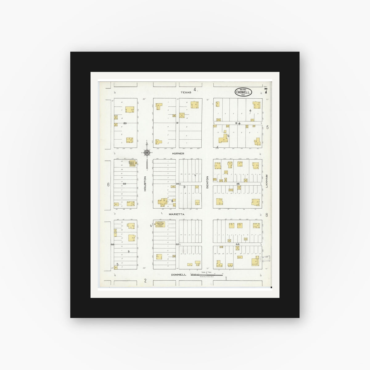 Old map wall art mockup — black gallery frame with white mat — Sanborn Fire Insurance Map from Crowell, Foard County, Texas (1921), Sheet #0007