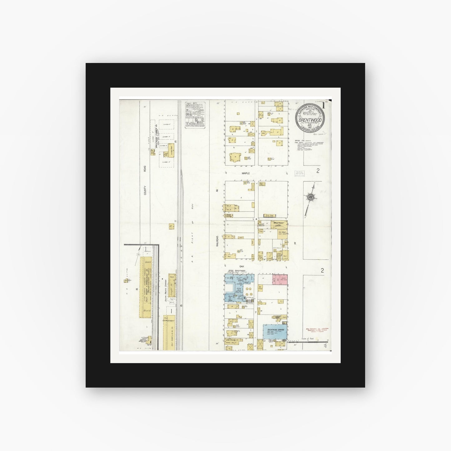 Old map wall art mockup — black gallery frame with white mat — Sanborn Fire Insurance Map from Brentwood, Contra Costa County, California (1921) - Complete Map Set