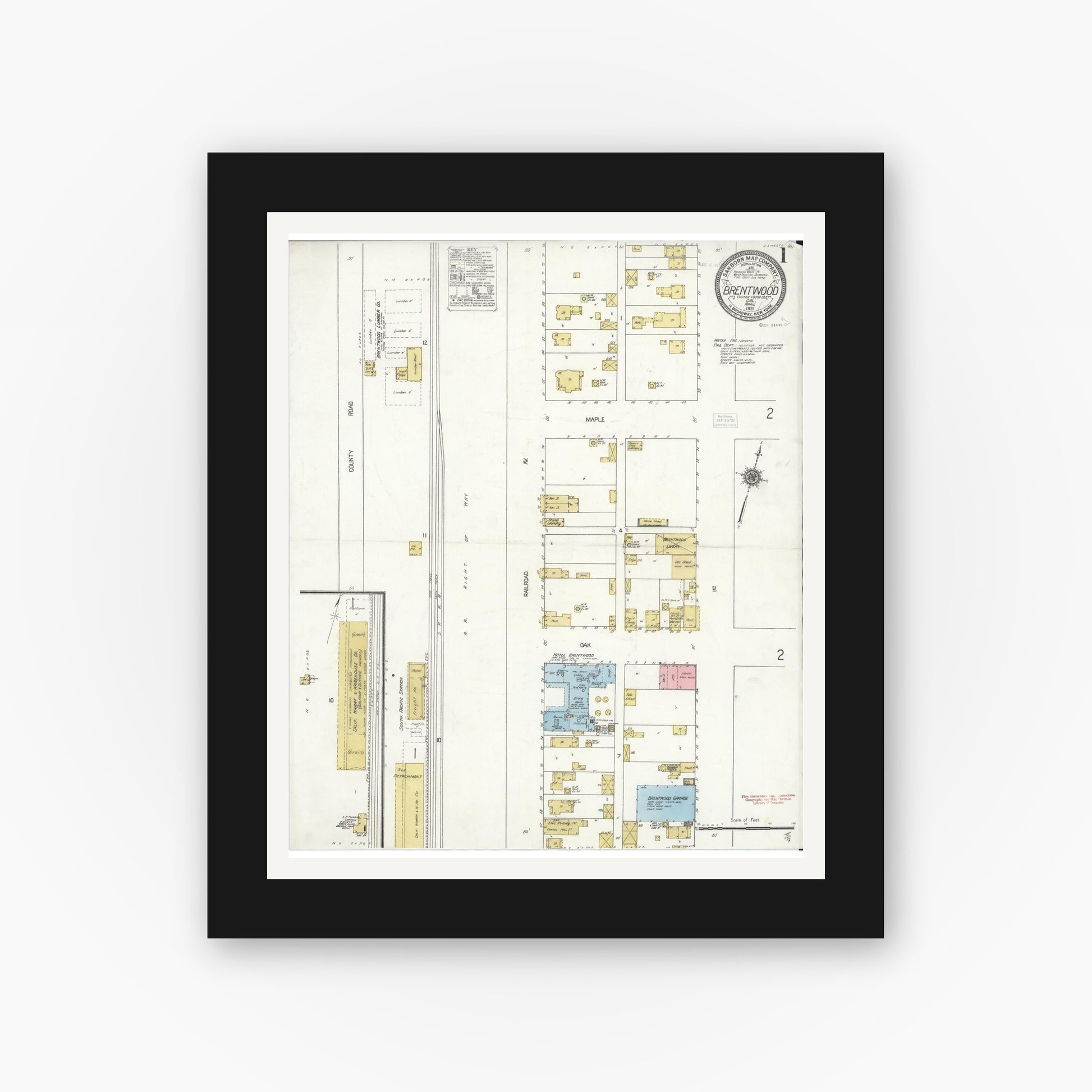 Old map wall art mockup — black gallery frame with white mat — Sanborn Fire Insurance Map from Brentwood, Contra Costa County, California (1921) - Complete Map Set