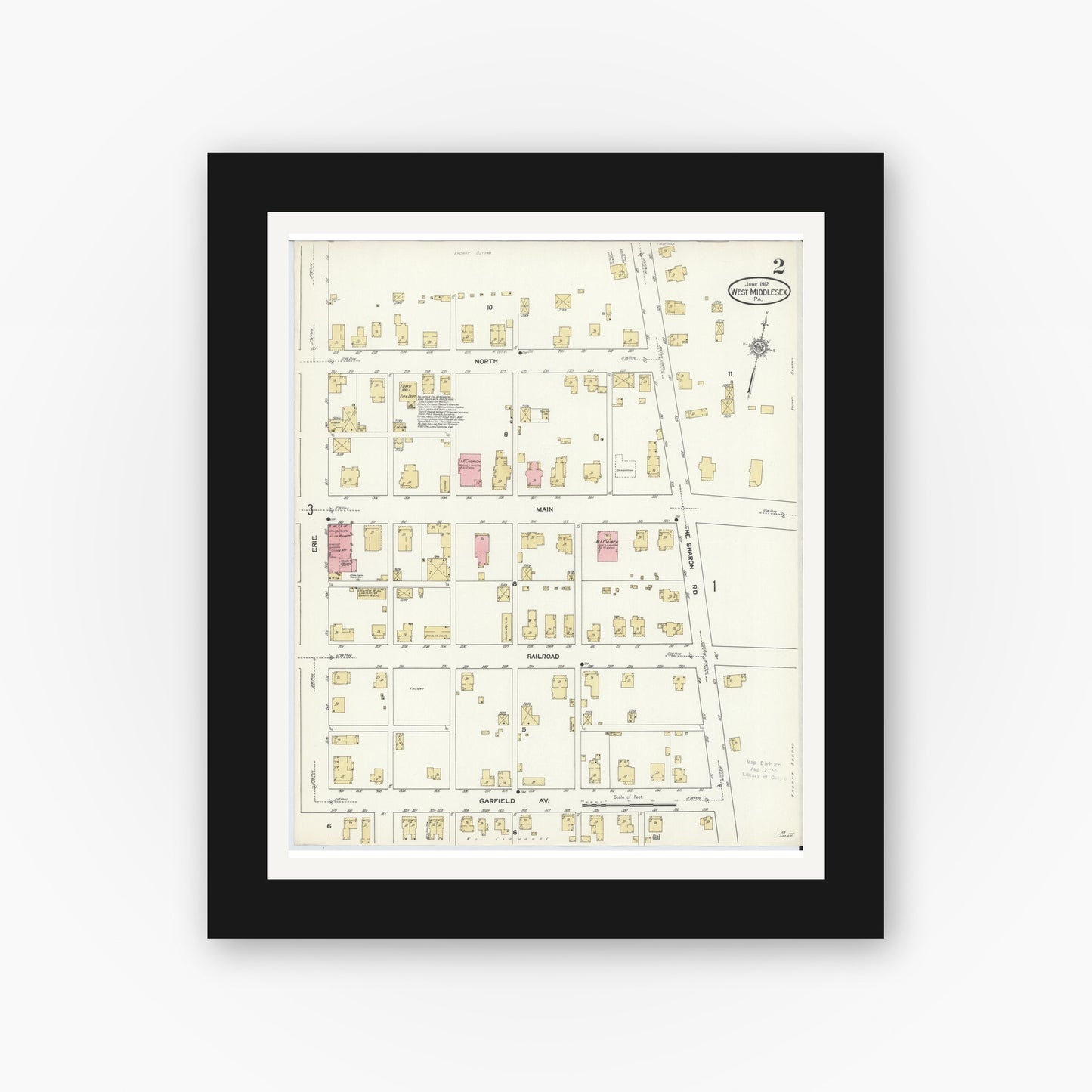 Old map wall art mockup — black gallery frame with white mat — Sanborn Fire Insurance Map from West Middlesex, Mercer County, Pennsylvania (1912), Sheet #0002