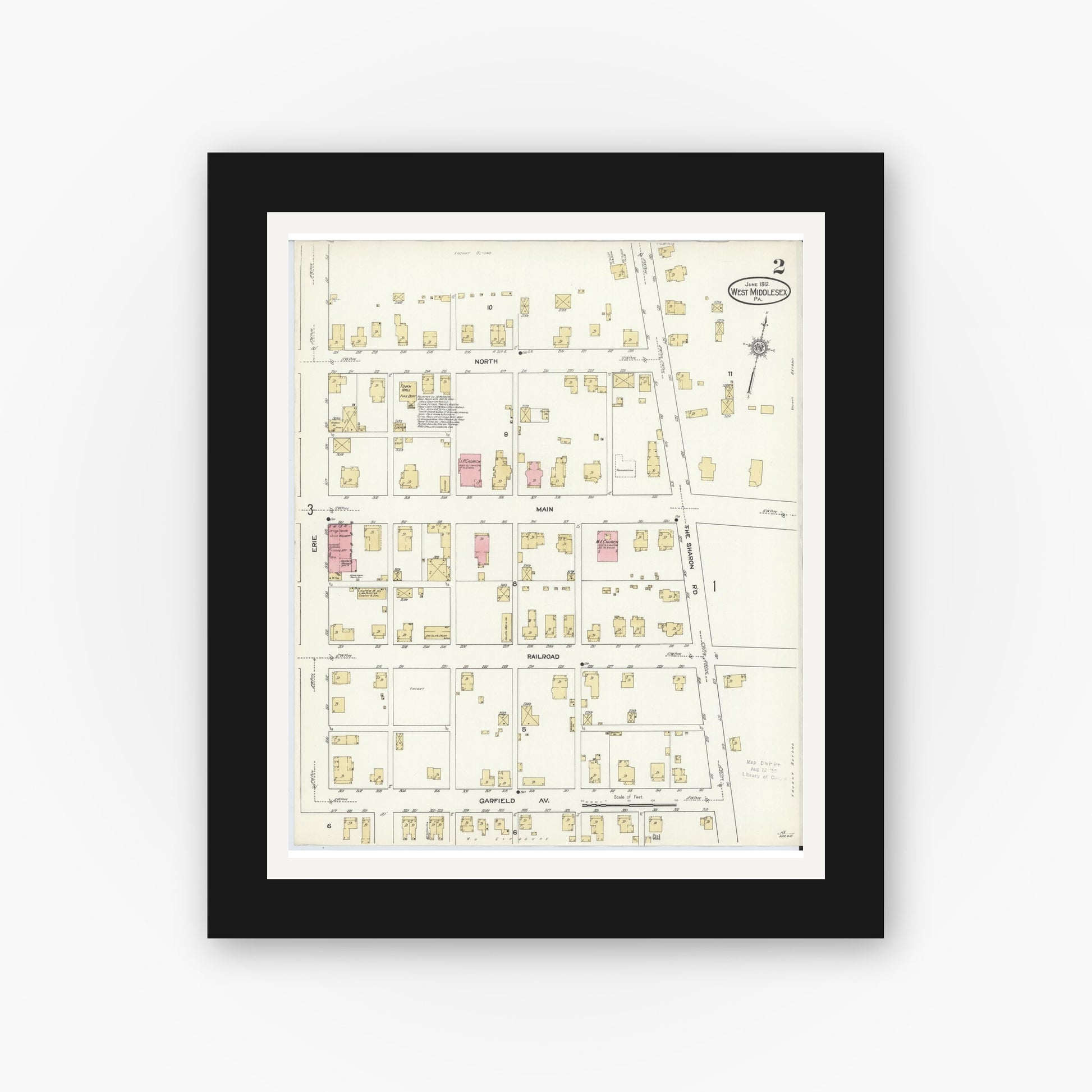 Old map wall art mockup — black gallery frame with white mat — Sanborn Fire Insurance Map from West Middlesex, Mercer County, Pennsylvania (1912), Sheet #0002