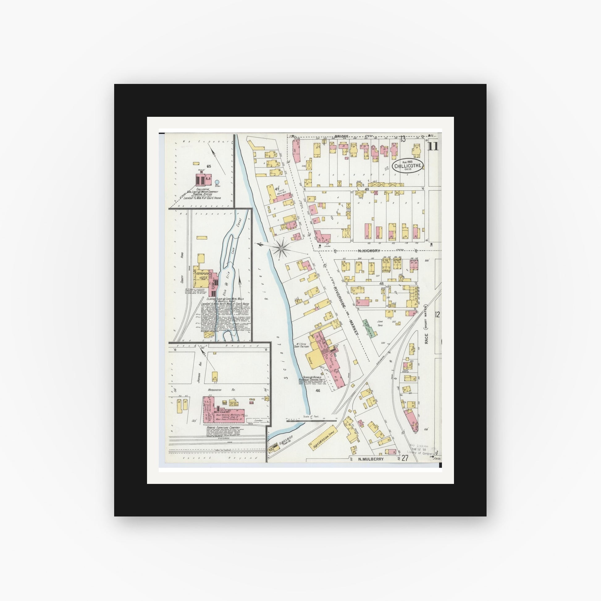 Old map wall art mockup — black gallery frame with white mat — Sanborn Fire Insurance Map from Chillicothe, Ross County, Ohio (1900), Sheet #0011