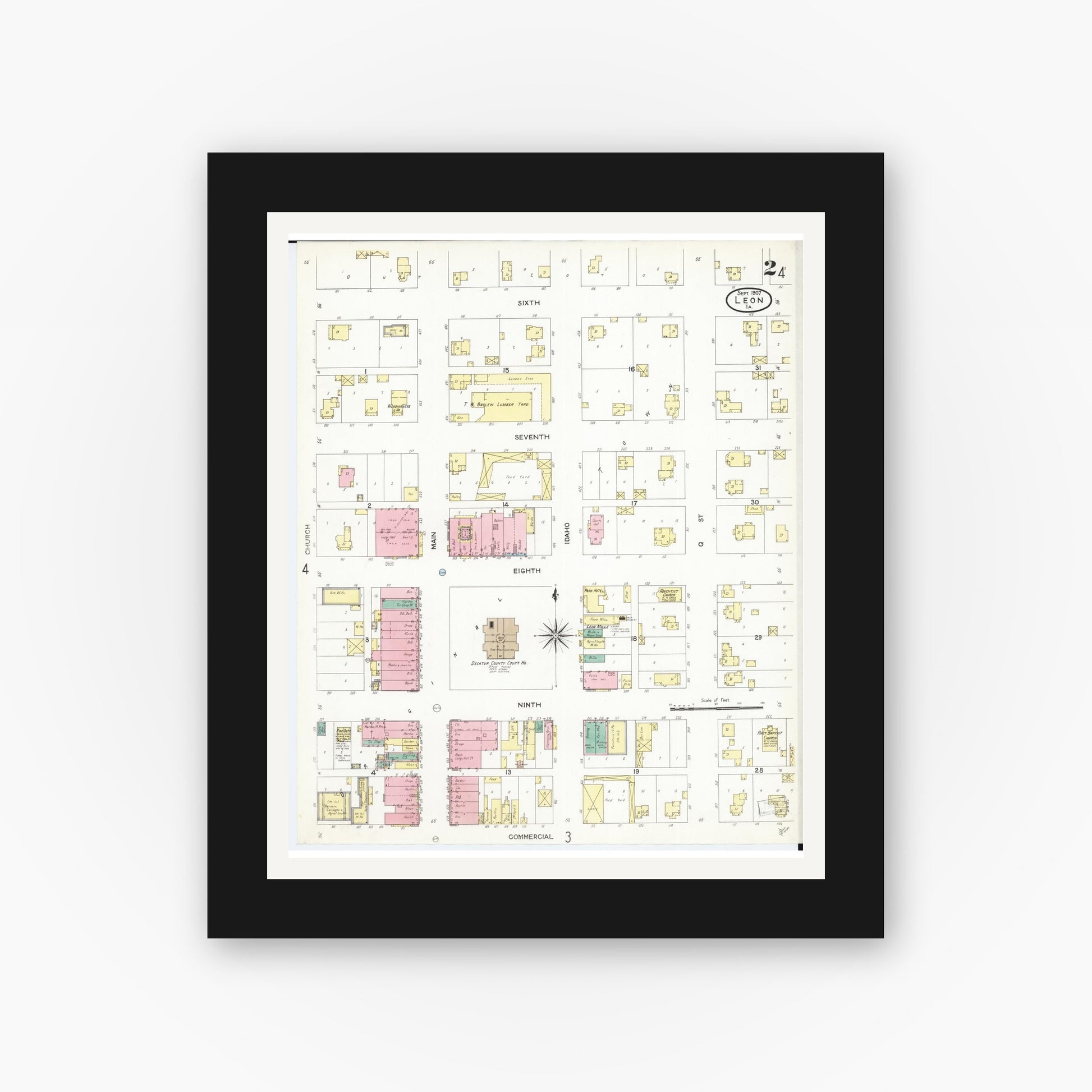 Old map wall art mockup — black gallery frame with white mat — Sanborn Fire Insurance Map from Leon, Decatur County, Iowa (1907), Sheet #0002
