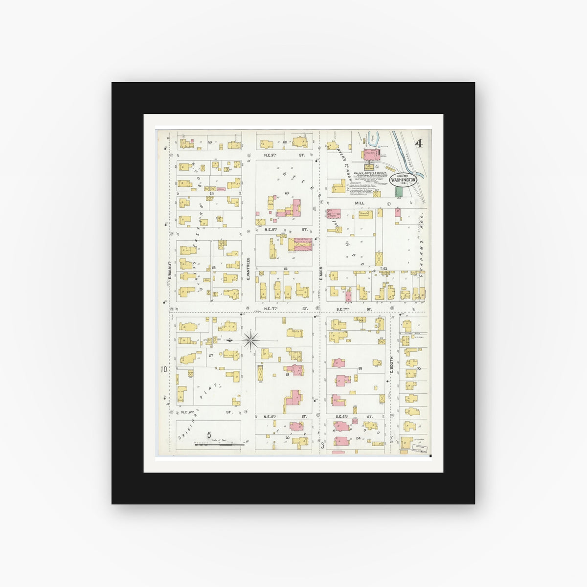 Old map wall art mockup — black gallery frame with white mat — Sanborn Fire Insurance Map from Washington, Daviess County, Indiana (1902), Sheet #0004