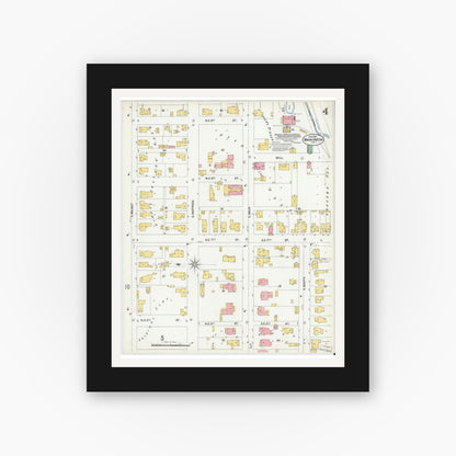 Old map wall art mockup — black gallery frame with white mat — Sanborn Fire Insurance Map from Washington, Daviess County, Indiana (1902), Sheet #0004