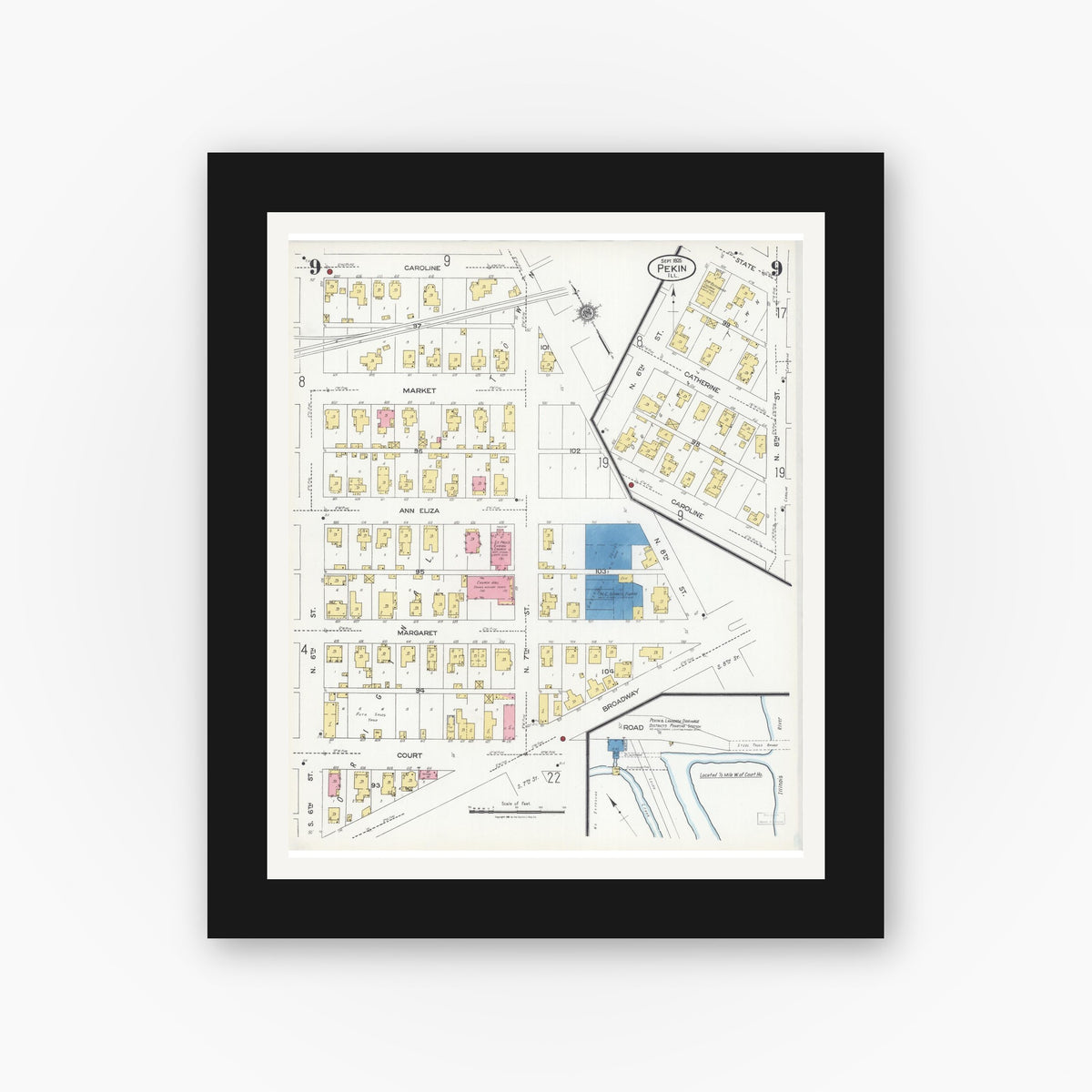 Old map wall art mockup — black gallery frame with white mat — Sanborn Fire Insurance Map from Pekin, Tazewell County, Illinois (1925), Sheet #0009