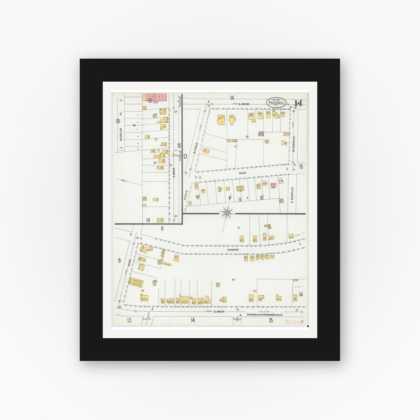 Old map wall art mockup — black gallery frame with white mat — Sanborn Fire Insurance Map from Peekskill, Westchester County, New York (1900), Sheet #0014
