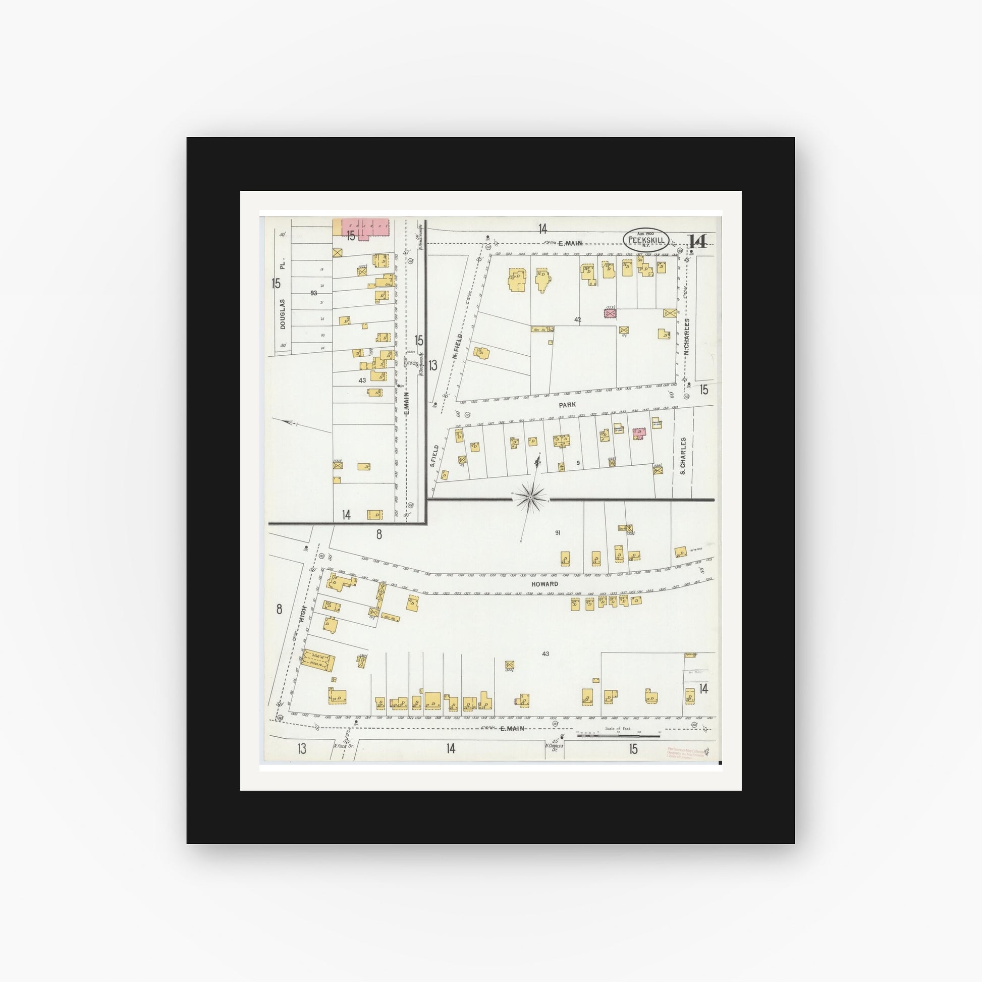 Old map wall art mockup — black gallery frame with white mat — Sanborn Fire Insurance Map from Peekskill, Westchester County, New York (1900), Sheet #0014