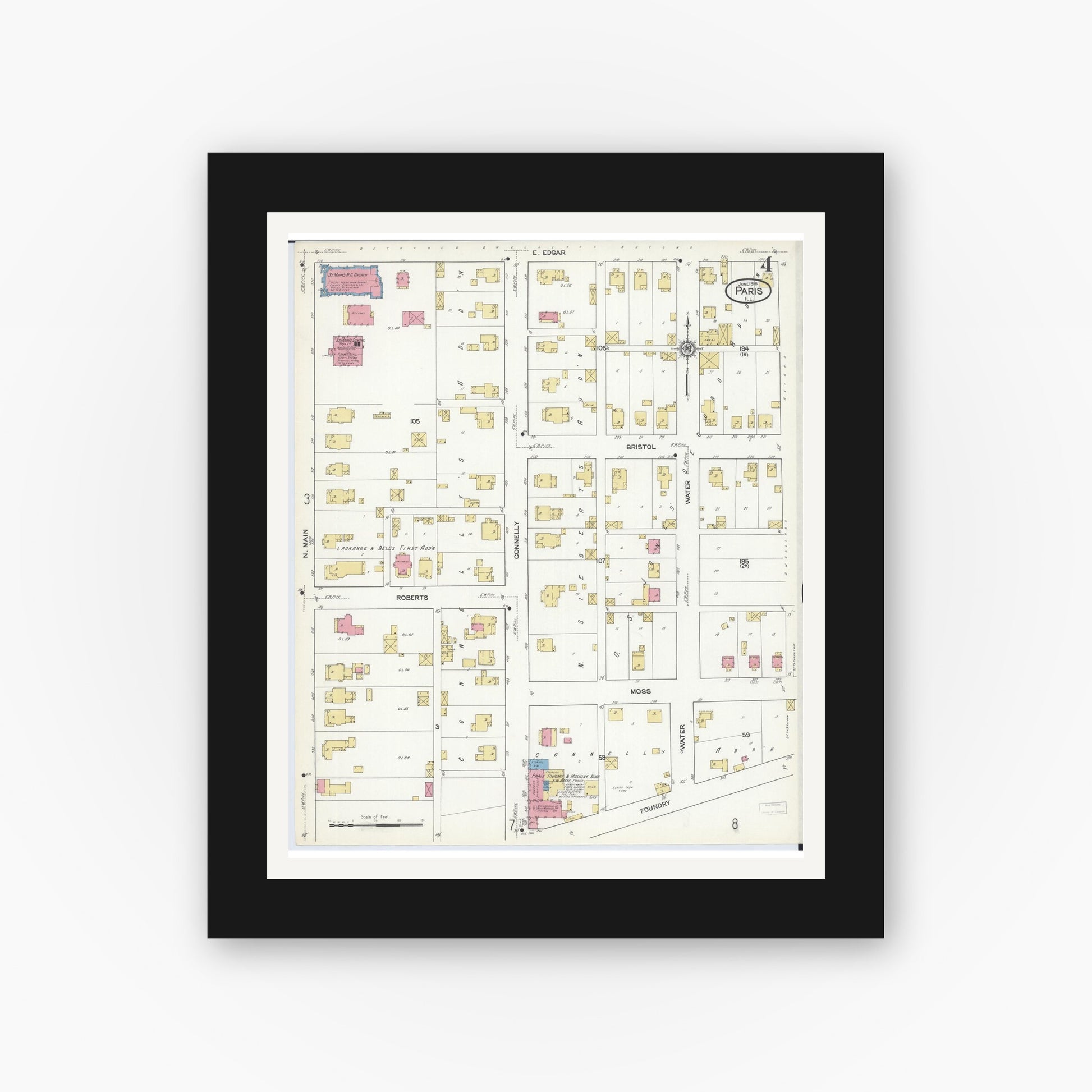 Old map wall art mockup — black gallery frame with white mat — Sanborn Fire Insurance Map from Paris, Edgar County, Illinois (1916), Sheet #0004