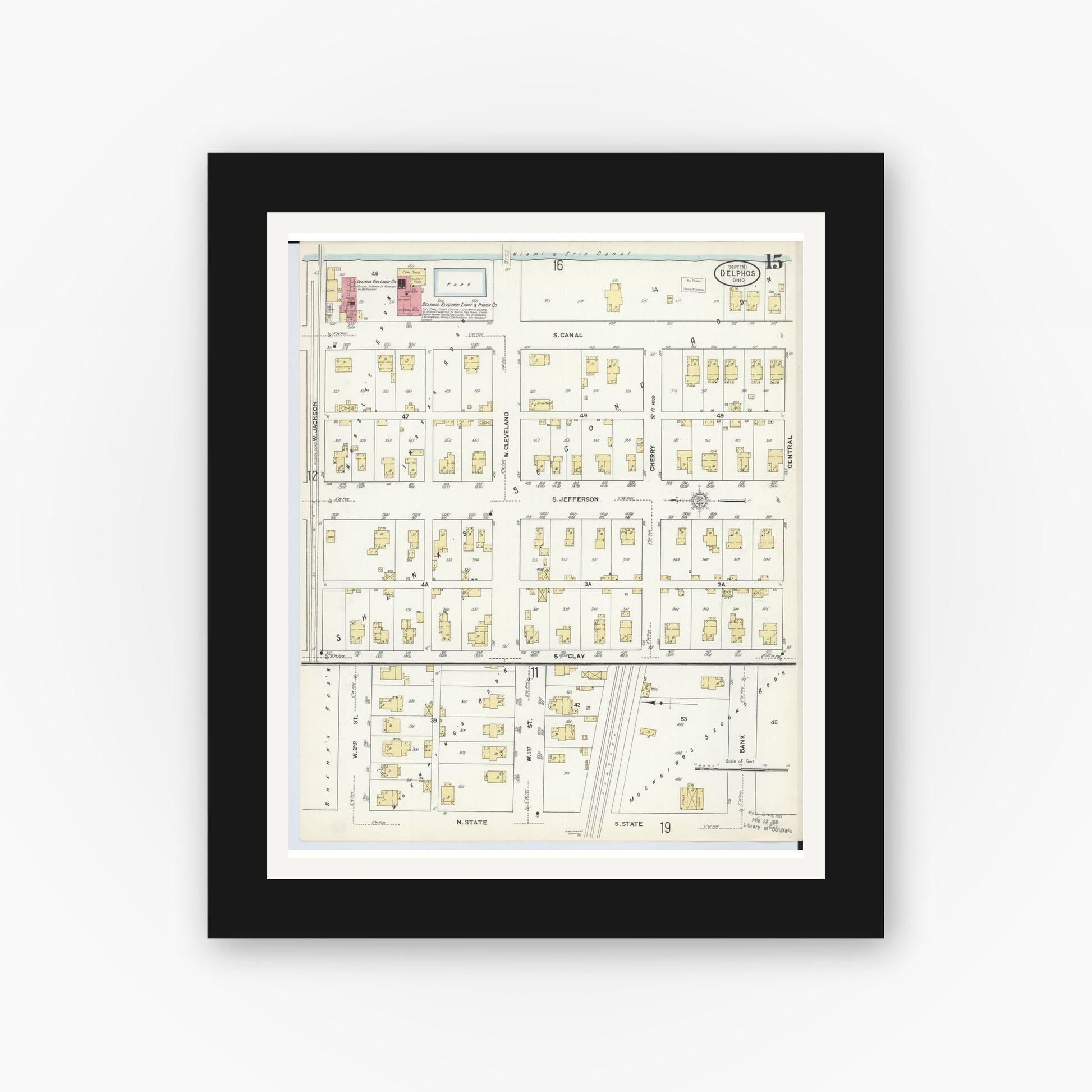 Old map wall art mockup — black gallery frame with white mat — Sanborn Fire Insurance Map from Delphos, Van Wert And Allen Counties, Ohio (1911), Sheet #0015