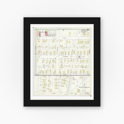 Old map wall art mockup — black gallery frame with white mat — Sanborn Fire Insurance Map from Delphos, Van Wert And Allen Counties, Ohio (1911), Sheet #0015