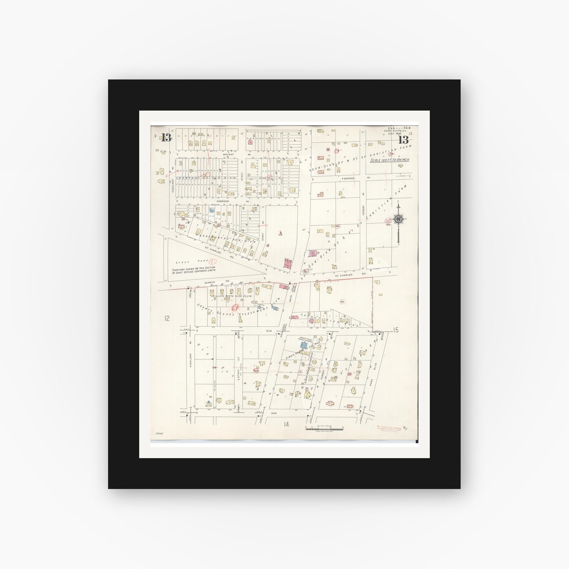 Old map wall art mockup — black gallery frame with white mat — Sanborn Fire Insurance Map from Glen Ellyn, Du Page County, Illinois (1946), Sheet #0013