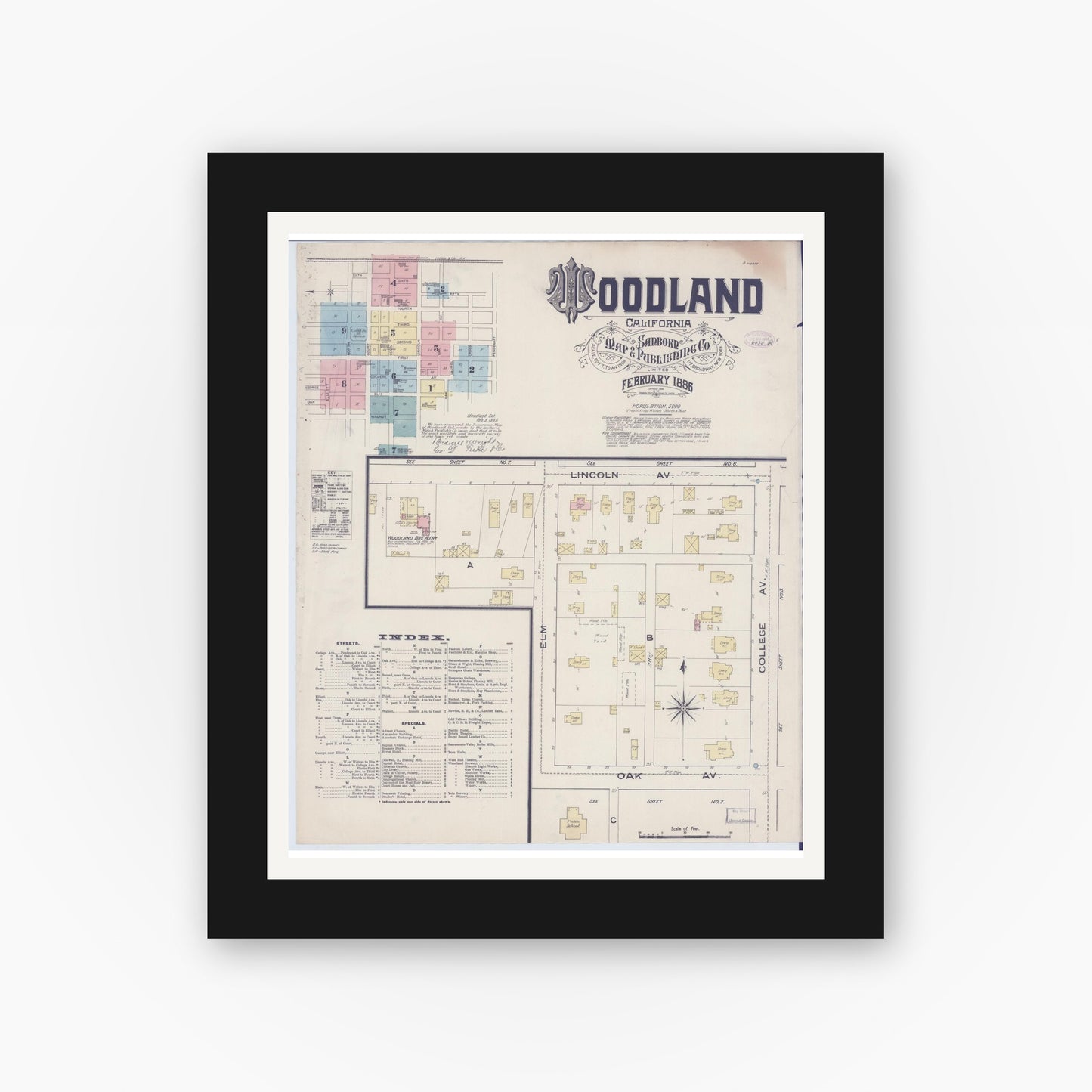 Old map wall art mockup — black gallery frame with white mat — Sanborn Fire Insurance Map from Woodland, Yolo County, California (1886) - Complete Map Set