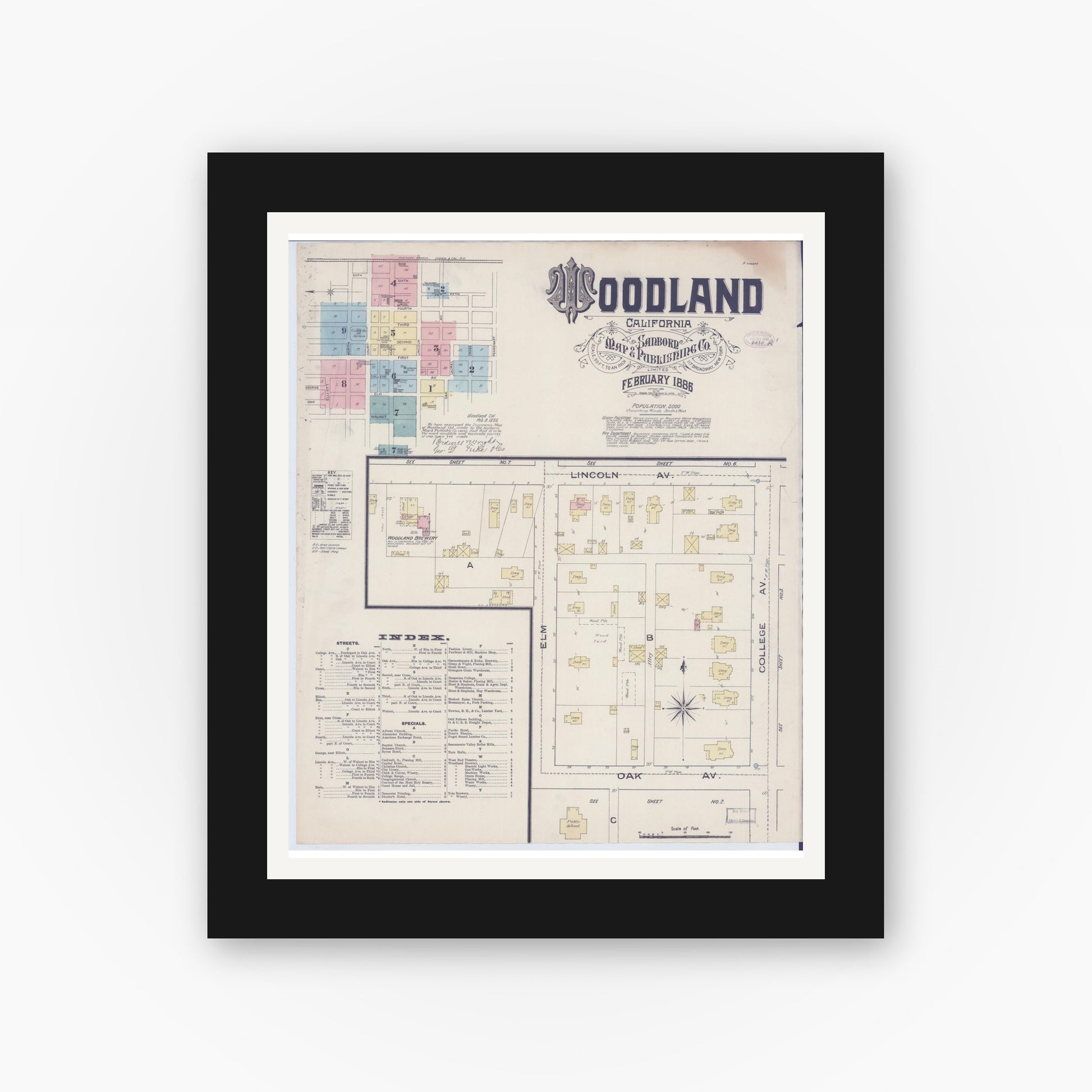 Old map wall art mockup — black gallery frame with white mat — Sanborn Fire Insurance Map from Woodland, Yolo County, California (1886) - Complete Map Set