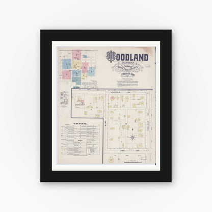 Old map wall art mockup — black gallery frame with white mat — Sanborn Fire Insurance Map from Woodland, Yolo County, California (1886) - Complete Map Set