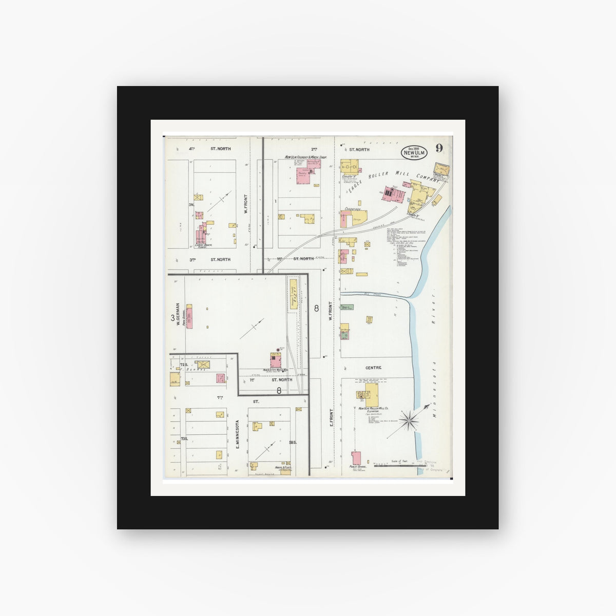 Old map wall art mockup — black gallery frame with white mat — Sanborn Fire Insurance Map from New Ulm, Brown County, Minnesota (1899), Sheet #0009